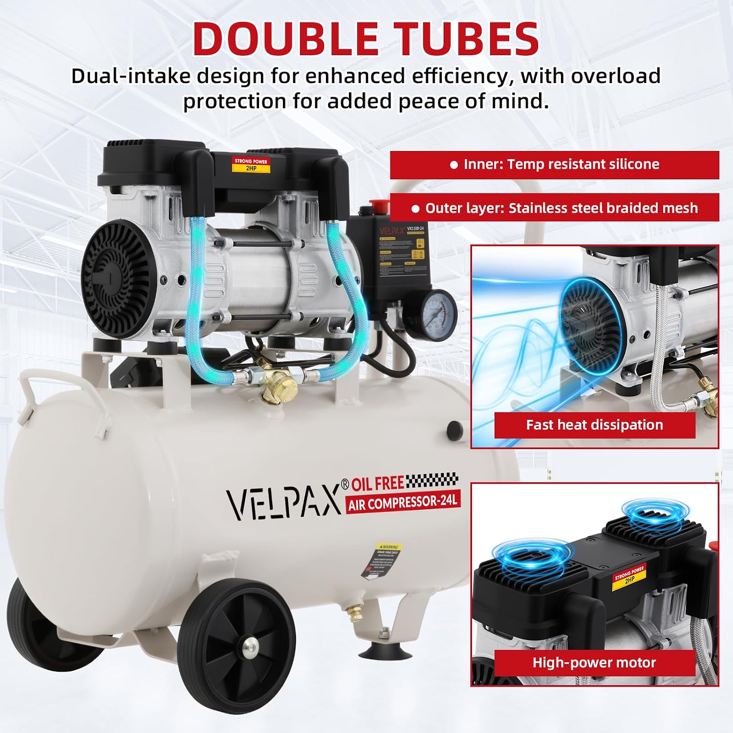 Ultra Quiet Air Compressor, Only 60dB, 6.4 Gallon Tank, Oil-Free, 110V/60Hz 2HP, 6.71CFM@115PSI, Air Compressor Perfect for Spray Painting, Auto Repair, Tire inflation, Woodwork nailing