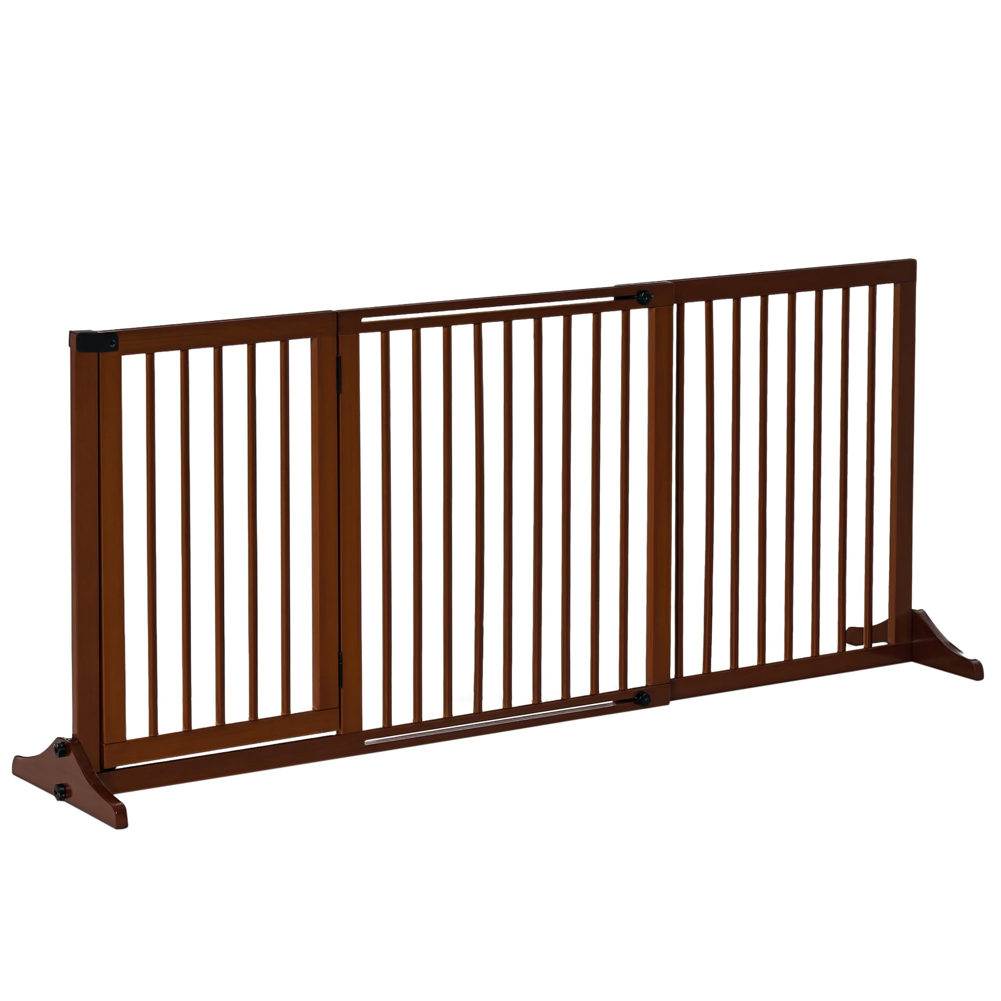 PawHut Adjustable Wooden Pet Gate, Freestanding Dog Fence for Doorway, Hall, 3 Panels w/Safety Barrier, Lockable Door, Brown, 44.5"-65.25" L x 14.25"