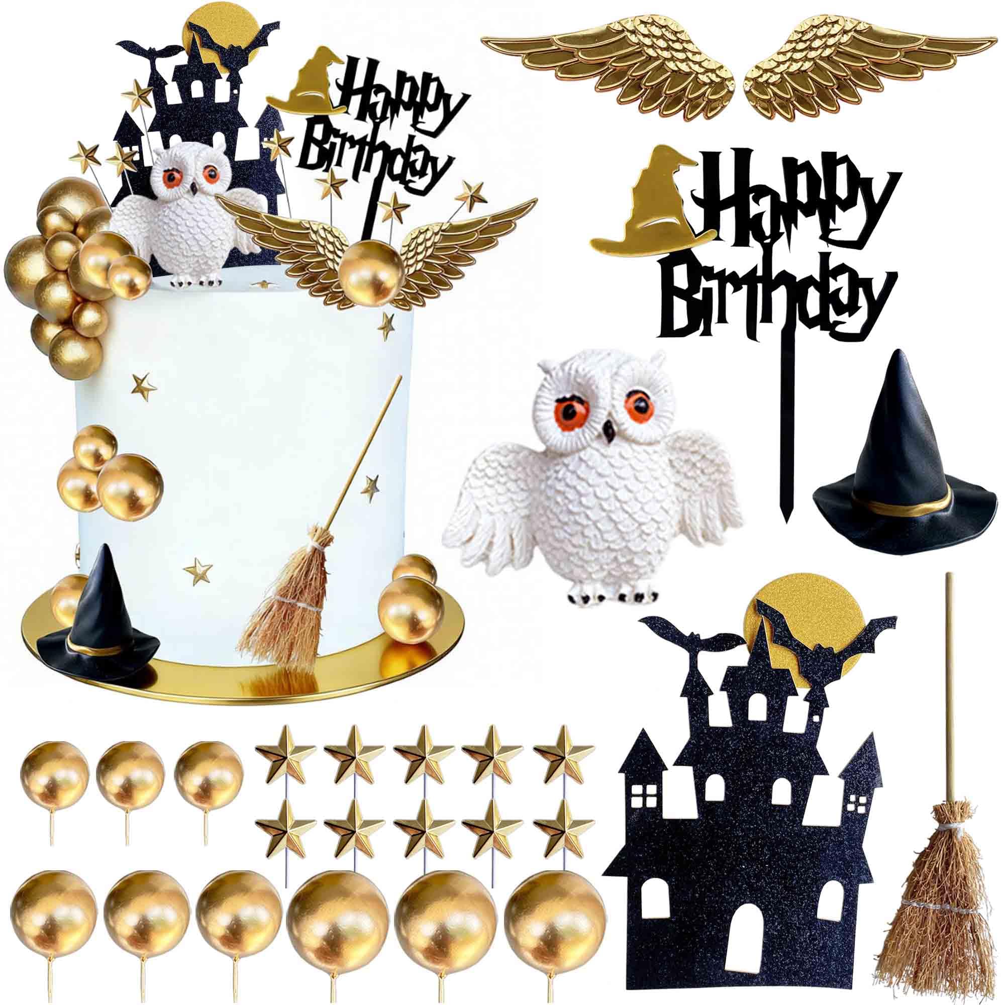 Photo 1 of 26 PCS Wizard Birthday Party Cake Decorations Set, Happy Birthday Acrylic Cake Topper with Magic Hat, Broom, Castle, Wings, Stars, Balls