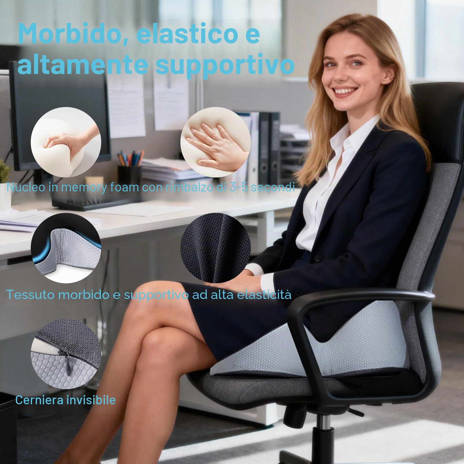 Cuscino Sedia Ufficio, Memory Foam Cuscino Ergonomico Sedia Ufficio, Modellamento dei fianchi, Portatile e Regolabile, Memory Foam per Casa Auto e Sedia a Rotelle
