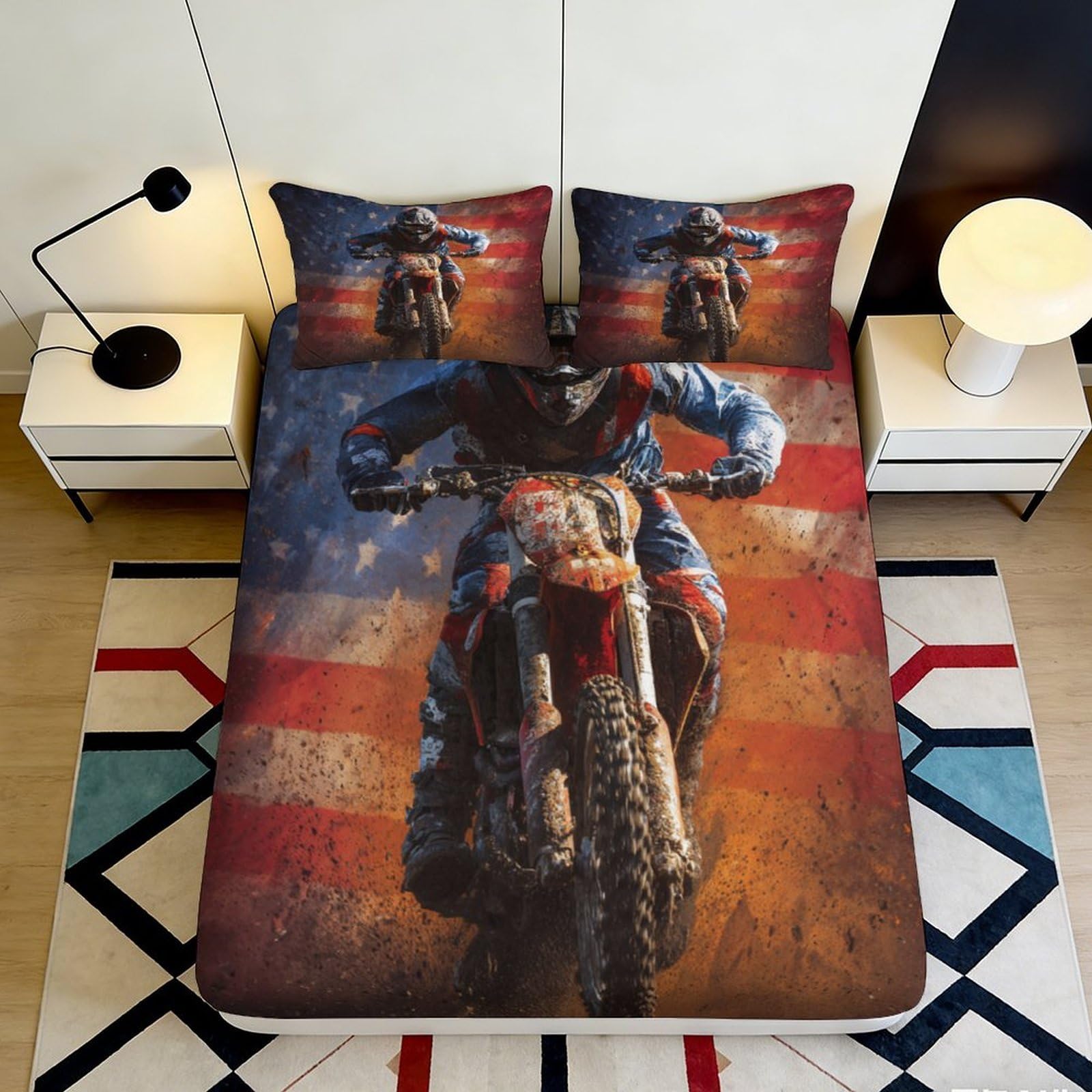 3D Printed Motorcycle American Flag Fitted Sheet Microfiber Soft Breathable Bed Cover for Bedroom Dorm Decor 90x200x25cm
