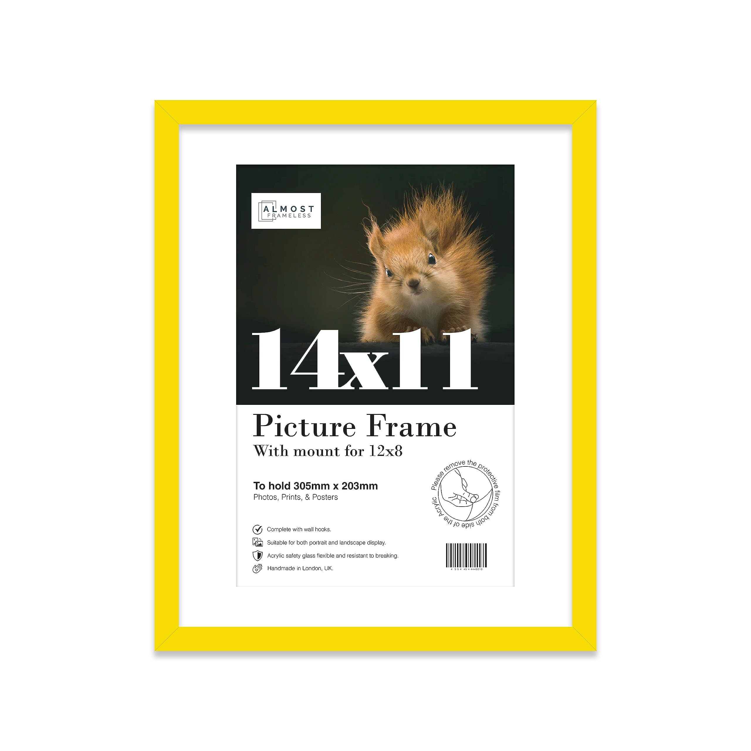Almost Frameless 14x11 Yellow Picture Frame With Mount for 12x8 Print, Poster or Photo Poster, Photo, Artwork, or Print. Thin Edge Slim Frame Portrait and Landscape Display with Wall Hooks