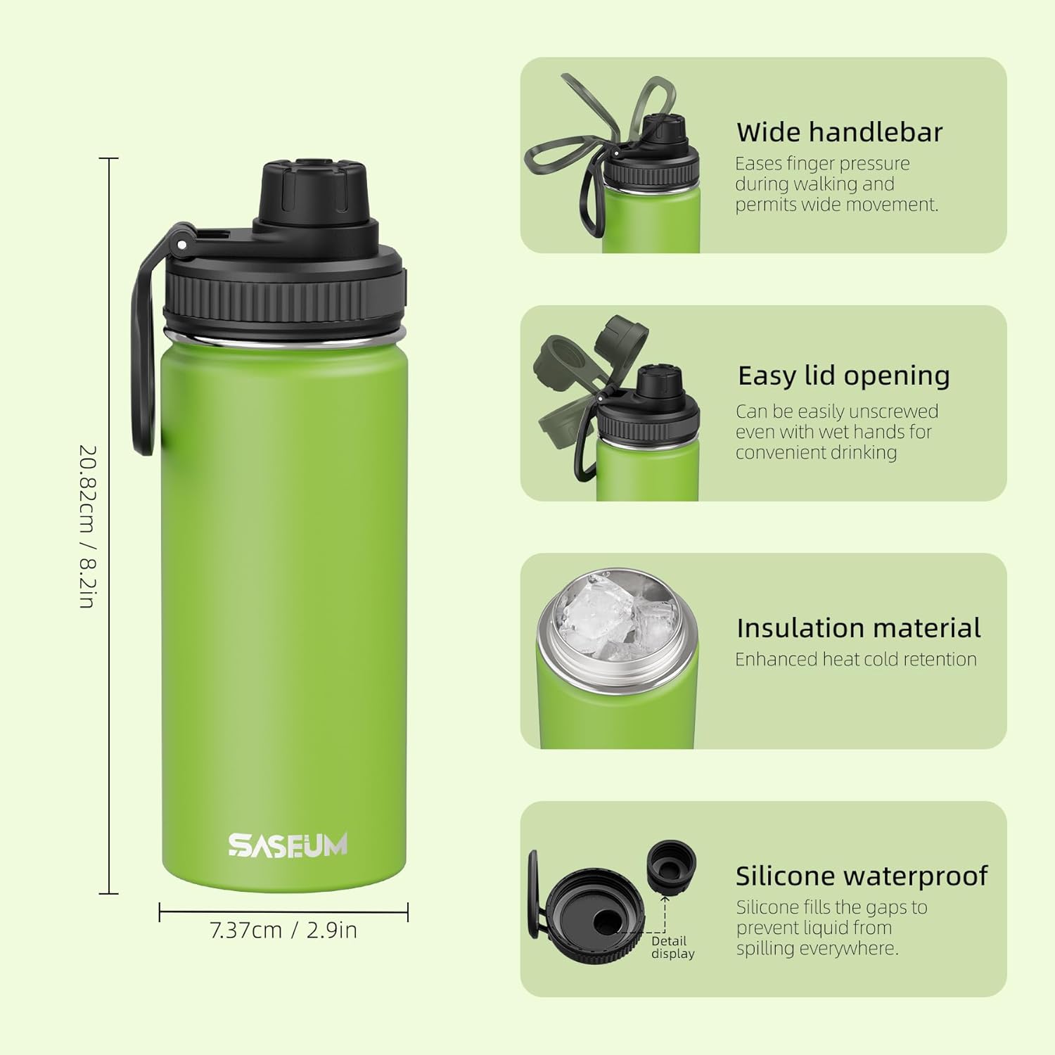 SASEUM Kids Sport Water Bottle 16oz Stainless Steel Double Wall Vacuum Thermal Mug with Leak Proof Spout Lids, Wide Mouth Metal Insulated Water Jug for Gym and Travel（Apple Green） - Image 2