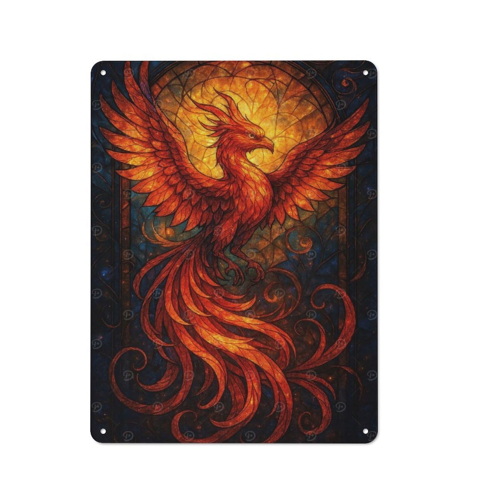 Junmoney Fiery Phoenix Stained Glass Art Classic Metal Wall Plaque 40X30cm Featuring Creative Space Decor For Workspace, Cafe, Shop Or Desk Area