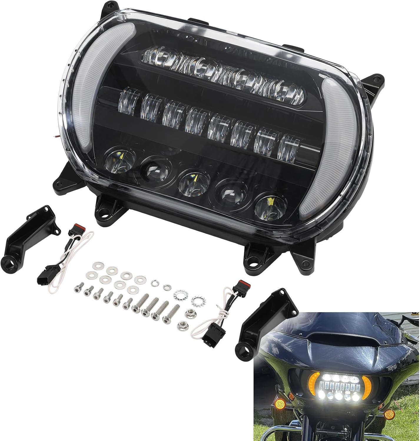 Green-L Motorcycle LED Headlight Assembly with Turn Signals Light Head Lamp Fit for Harley Touring Road Glide 2015-2024