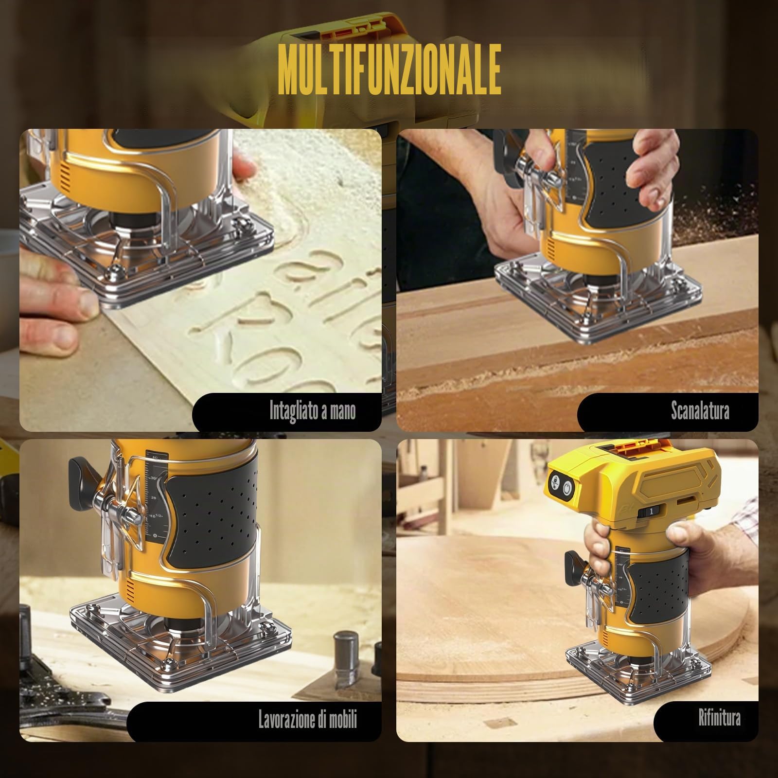 WingFly Fresatrice per Bordi a Batteria per Dewalt 18 V, 20 V, Fresa a mano senza spazzole per la lavorazione del legno, taglierina a batteria con 15 pezzi (senza batteria)