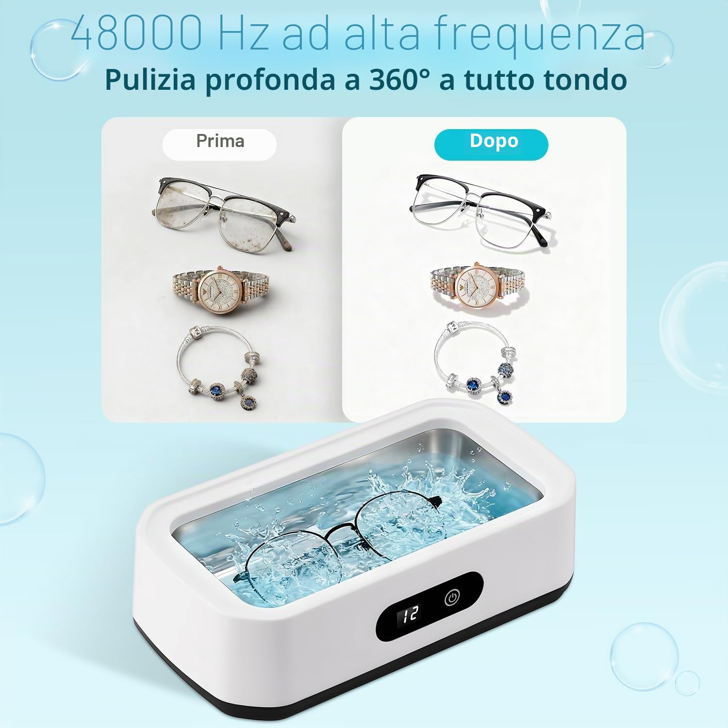 Pulitore Ultrasuoni, 48000 Hz Lavatrice Ultrasuoni 650ml con 5 Funzioni di Temporizzazione,Ultrasonic Cleaner per Apparecchio Denti, Protesi Dentali, Maschere Denti, Gioielli, Bianco
