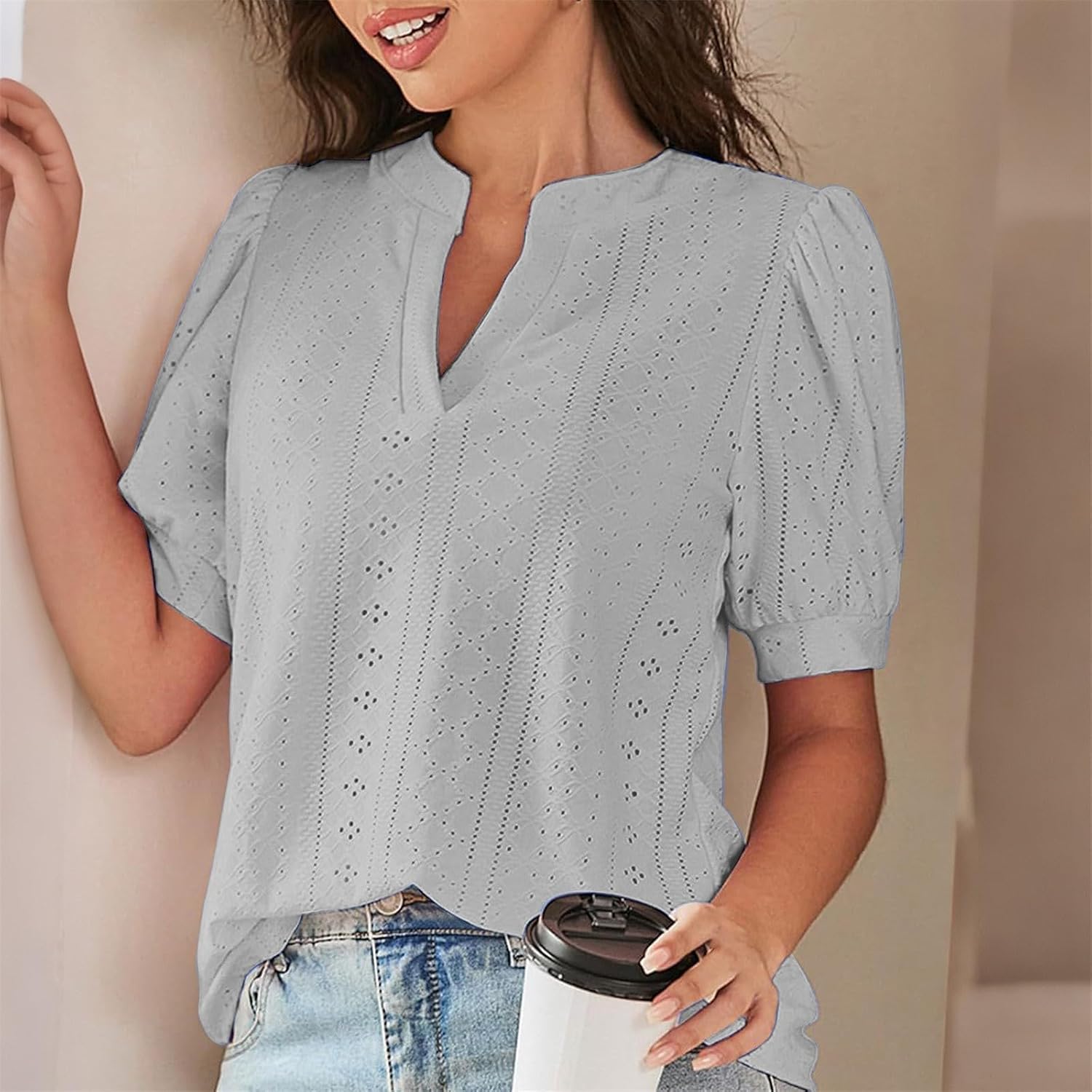 Womens Summer Business Casual Blouses V Neck Short Sleeve Shirts Eyelet Cute Lace Tops