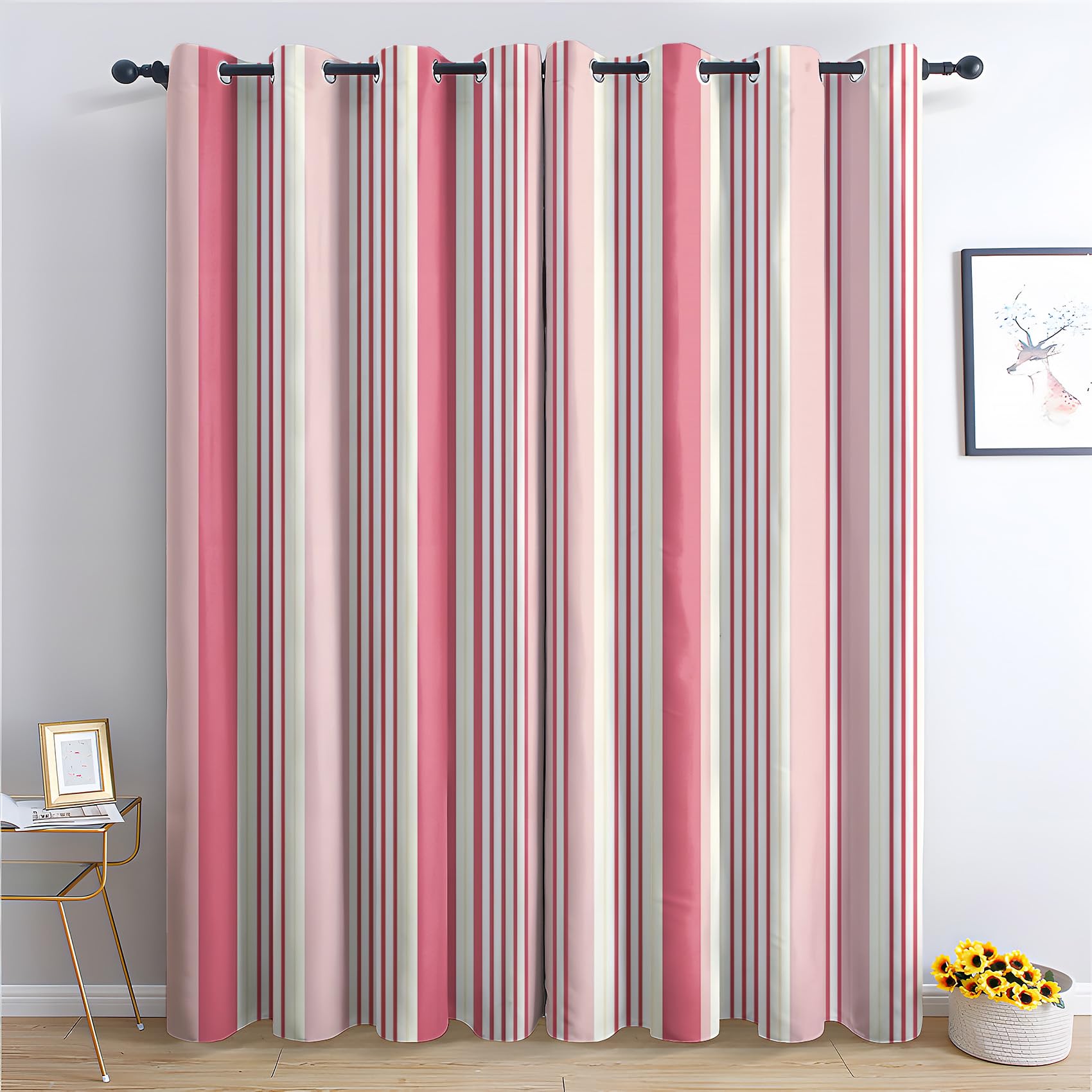 Vorhänge Rosa Gestreift Motiv, Vorhang Blickdicht Verdunklungsvorhänge Thermovorhang mit Ösen, Gardinen Wohnzimmer Schlafzimmer Fenster, 2er Set Curtains, H 220 x B 140 cm