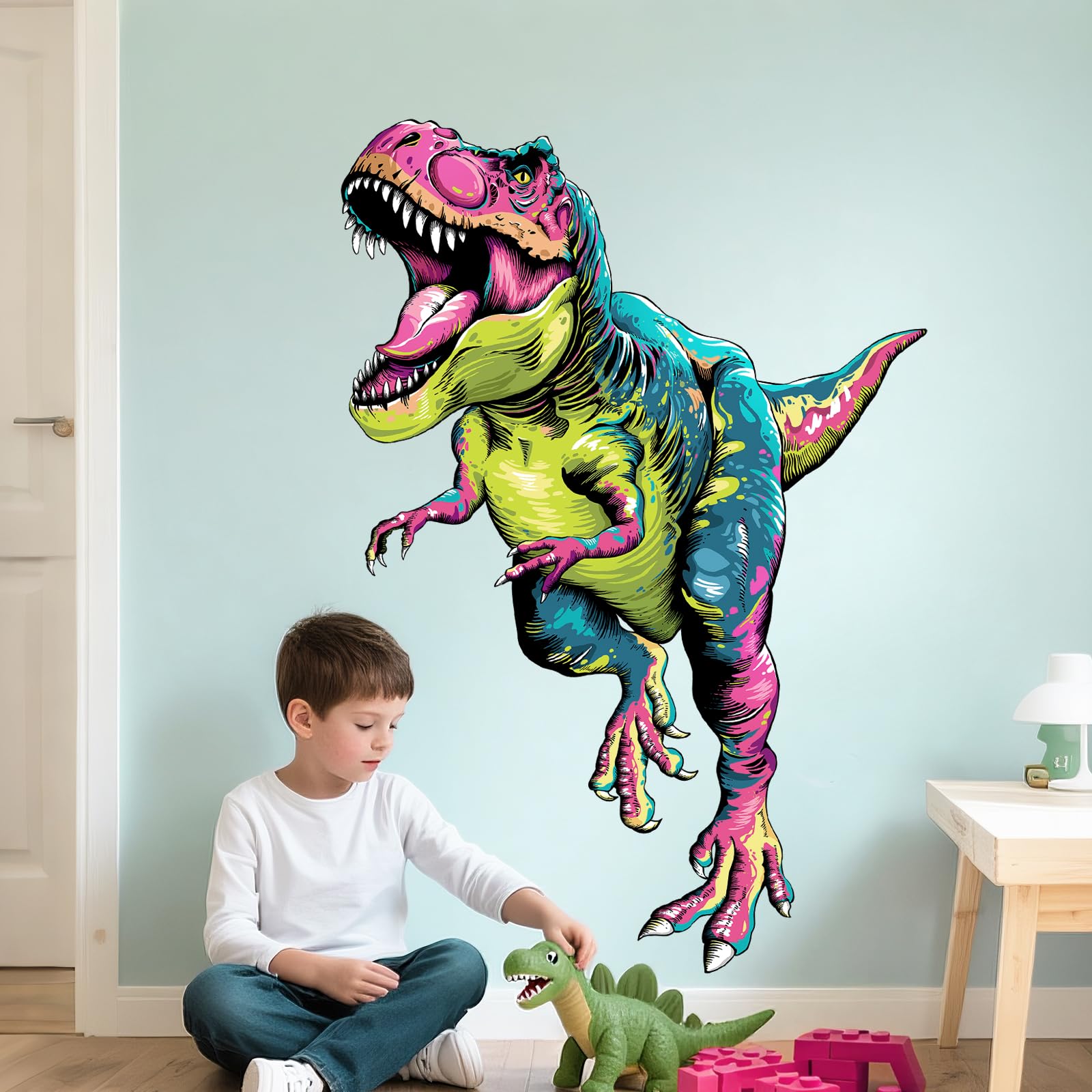 Supzone Large T-Rex Dinosaur Wall Decals for Boys Colorful Tyrannosaurus Wall Sticker Removable Vinyl Dino Wall Art Decor for Kids Bedroom Baby