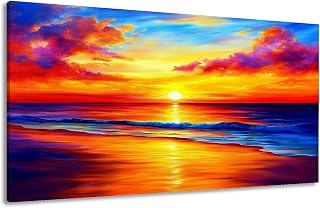Canvas Wall Art Prints Colorful Ocean Sunset Abstract Beach Orange Red Warm Sunrise Waves Sky Large Framed Artwork Wall Paintings Pictures Posters 24"x48" Wall Decor for Living Room Office Bedroom