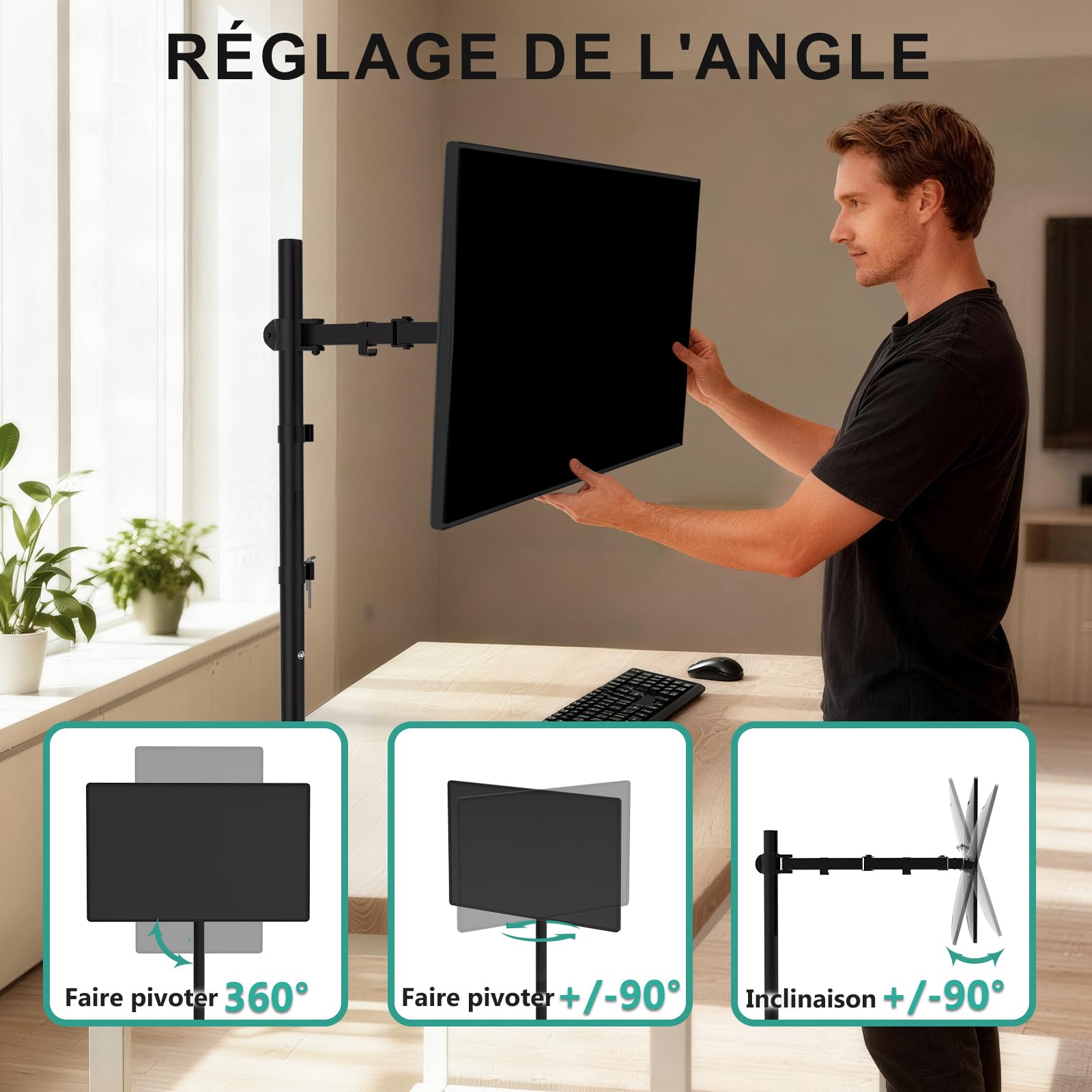 WALI Support Ecran PC Bras Simple pour Moniteurs 32 Pouces, Rotatif Pivotant, 10kg, VESA 75/100 mm