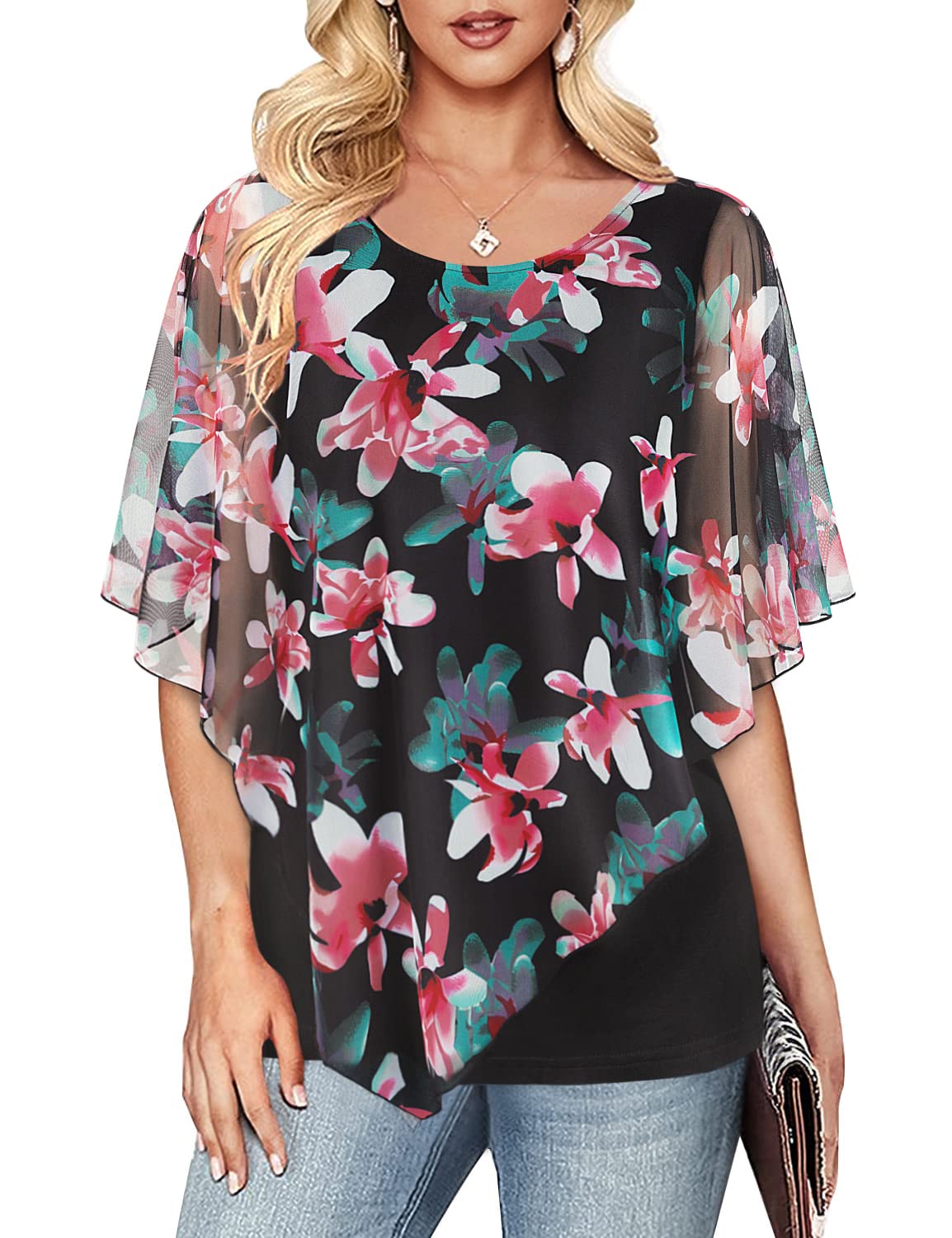 Cestyle Womens Flowy Blouses Dressy Casual Shirts Lightweight Mesh Poncho Tops