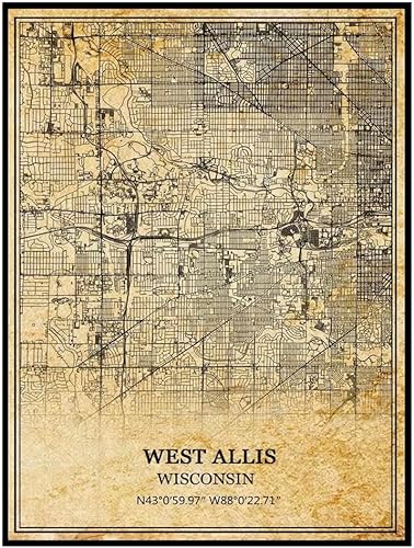 TANOKCRS West Allis Wisconsin USA America - Póster vintage de mapa de arte para pared impresión de mapas regalo de viaje decoración del hogar sin