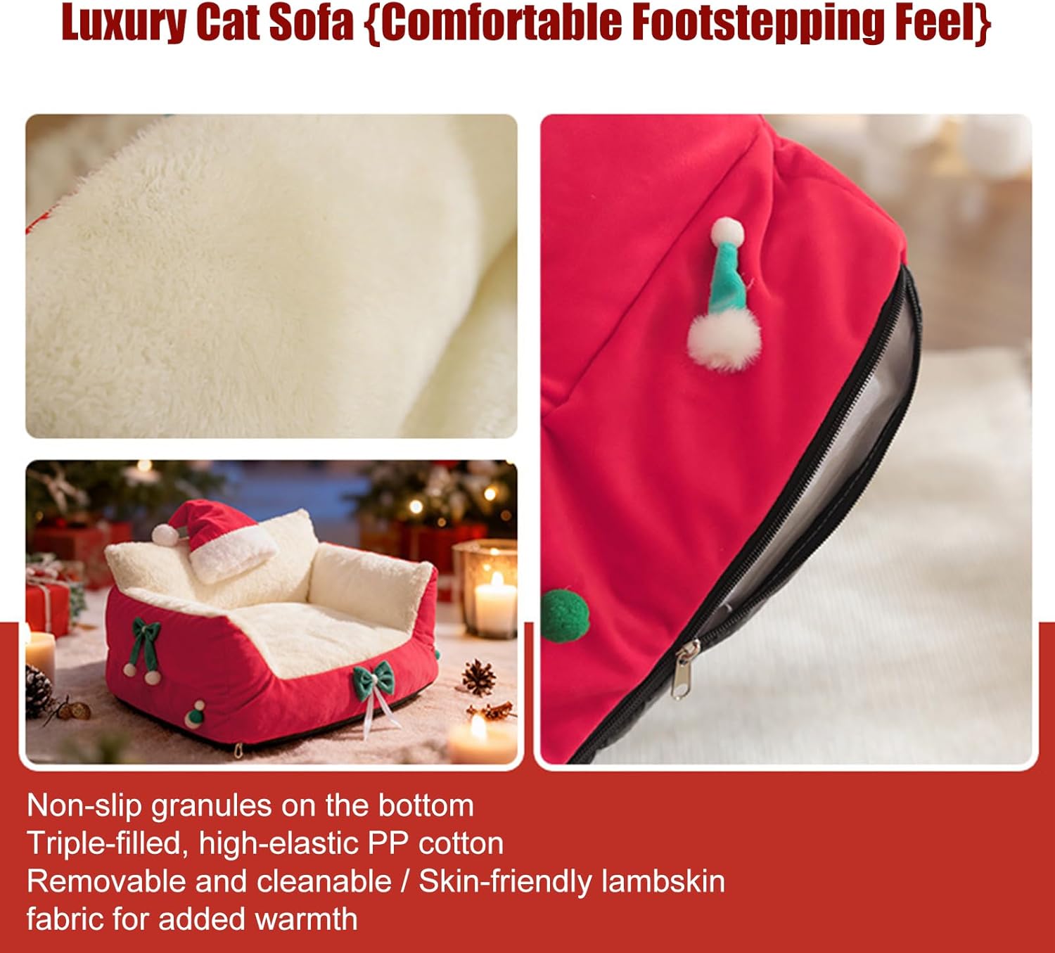 Cat Couch, Sleeping Chair with Santa Hat, Small Dog Beds, for Home Kitchen Bedroom Living Room Porch Patio Balcony Play Area Apartment Indoor Relaxation Nighttime Sleep Daily Rest