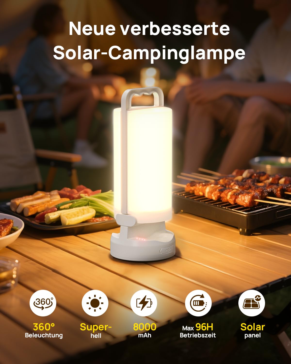 Eventek Solar Campinglampe 8000mAh, Ultrahelle Faltbare LED Camping Licht mit 3 Modi und Touch-Steuerung, IPX5 Zeltlampe Aufladbar für Stromausfälle, Camping, Wandern, Notfälle