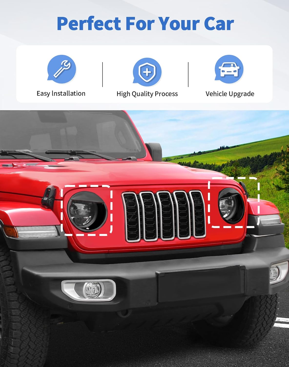 Angry Eyes Headlight Trim Cover for 2024 + Jeep Wrangler JL Gladiator JT Front Headlight Frame Trim Cover Bezels Decor Headlamp Garnish Ring Surround Cover Trim Exterior Accessories