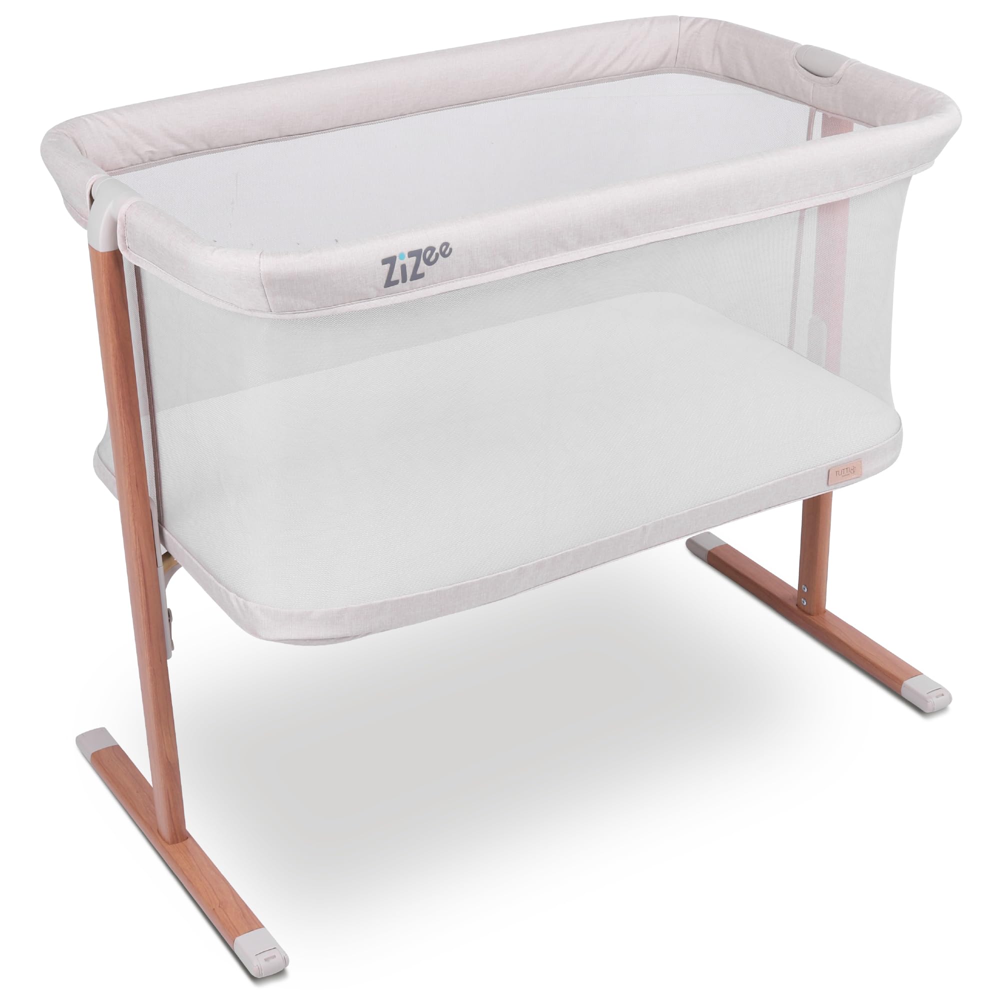 Tutti BambiniZiZee® Breathable Rocking Crib - Baby Cot with All-Around Mesh, Easy Fold Baby Bed, Travel Cot with Mattress Included, Baby Crib with Wheels & Travel Bag (0-6 months) - Walnut/Ecru