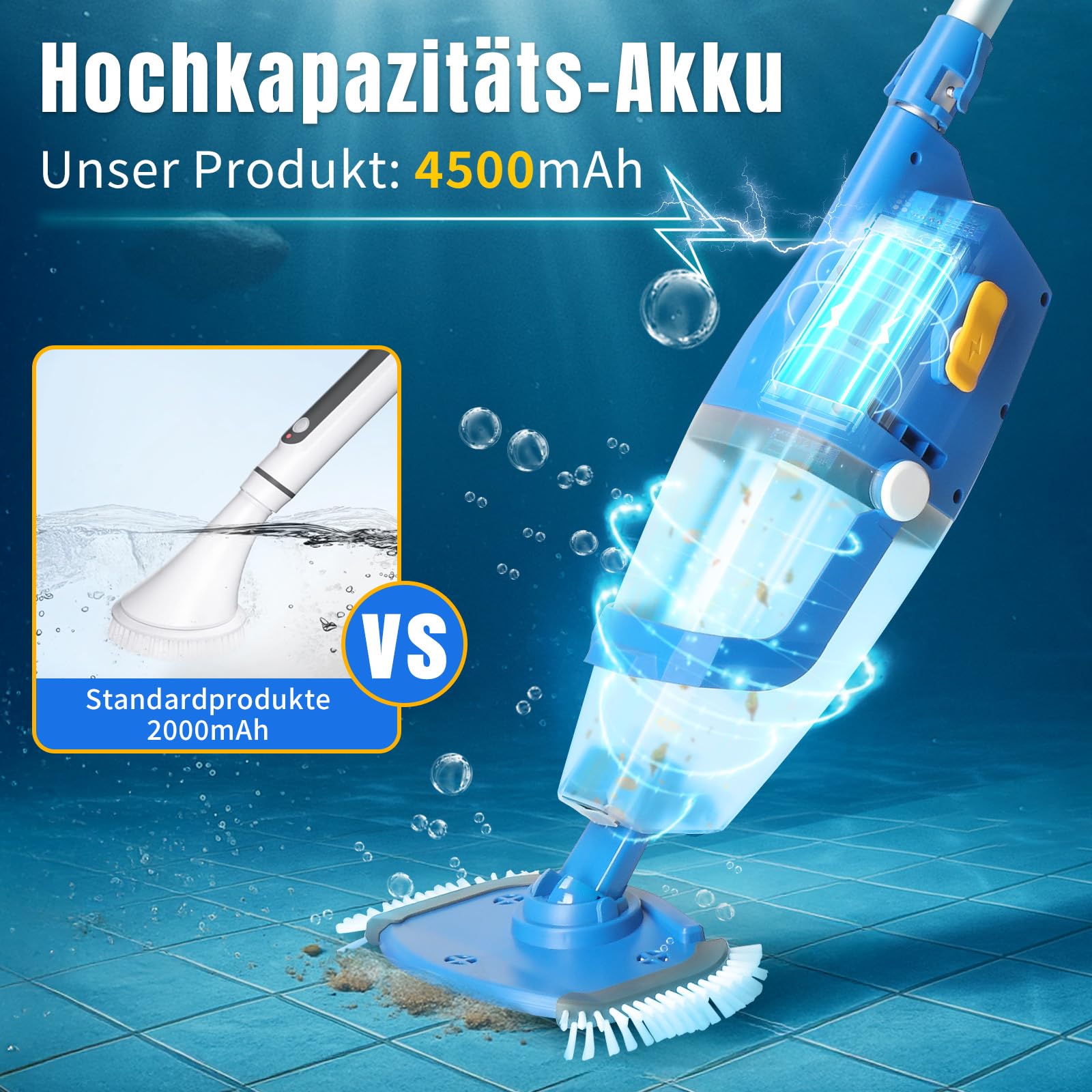 LEADZM Poolsauger Akku, Handsauger, Bodensauger mit 4500mAh & 100L/Min Saugkraft | Kabelloser Poolreiniger inkl. Teleskopstange (1.5m) & Filter | Bis zu 60 Min Laufzeit, 190×23.7×17cm(Blau)