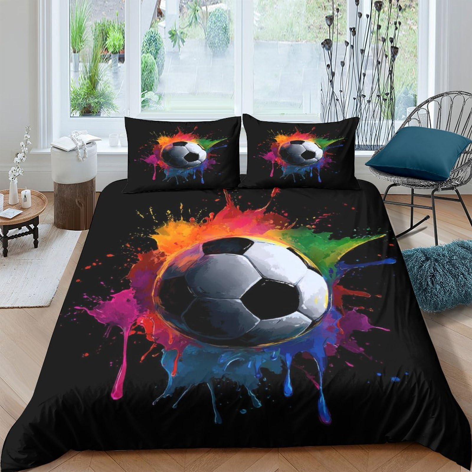 GPLZQXKJNH 3D Printed Football Splash Duvet Cover Microfiber Soft Multicolor Bedding Set with 2 Pillowcases for Bedroom Decoration Single（135x200cm）