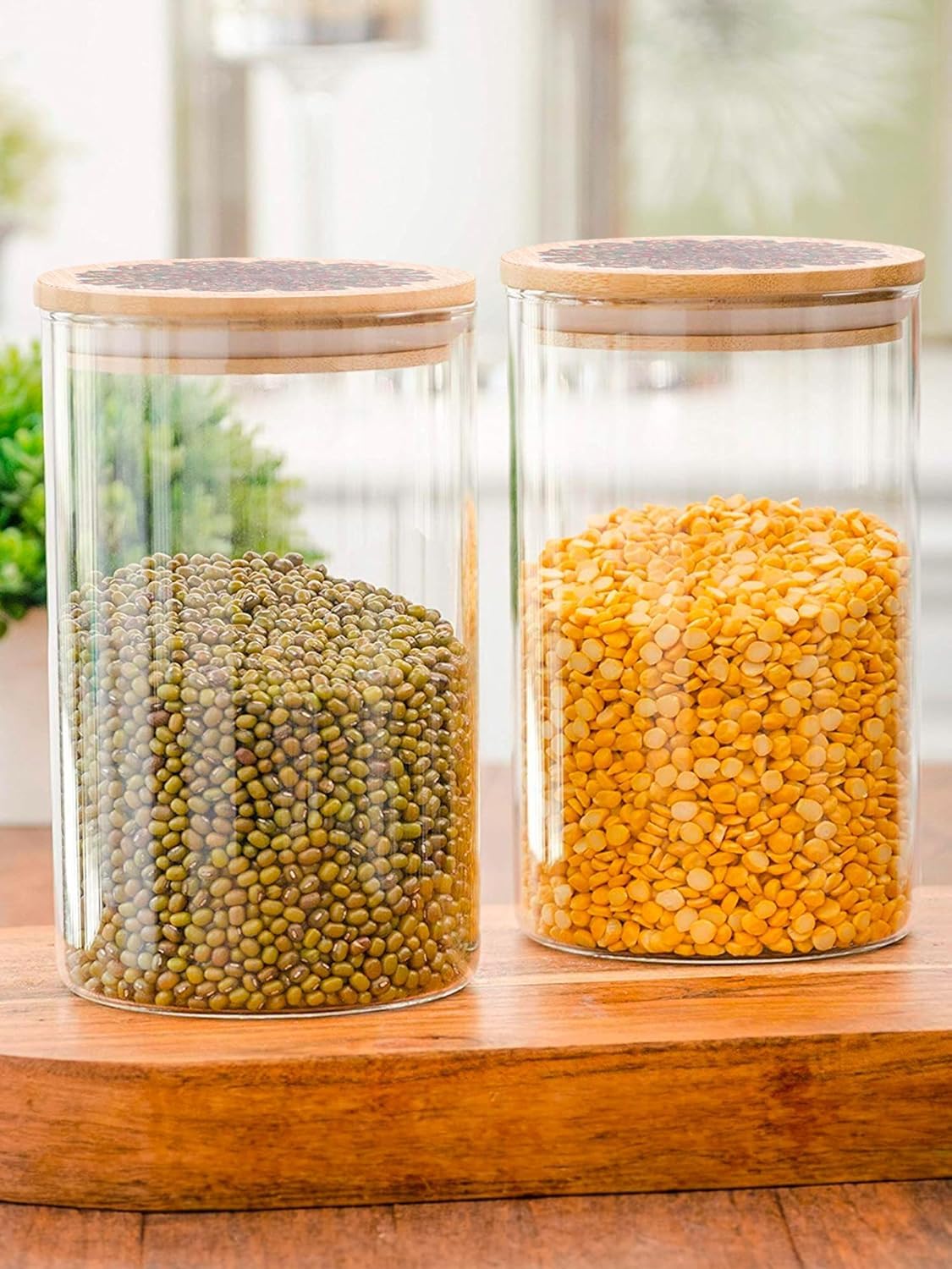 Kuber Industries Borosilicate Glass Jar with Printed Bamboo Lid|Kitchen Organizer Items and Storage|Multi-utility, Leakproof, Airtight Storage Jar for Cookies,Snacks,Tea,Coffee,Sugar|Pack of 2(1000ml)