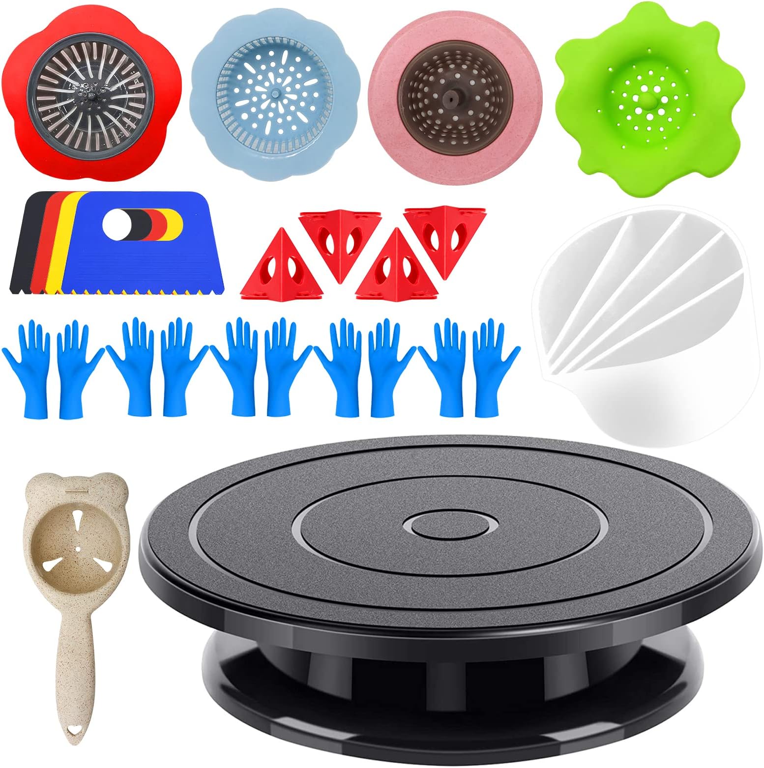 11โ Rotate Turnable Sculpting Wheel with Acrylic Pouring Strainers Scraper Cone Painter Support Stands Gloves Painting Tools Unique Pattern Train Art Supplies