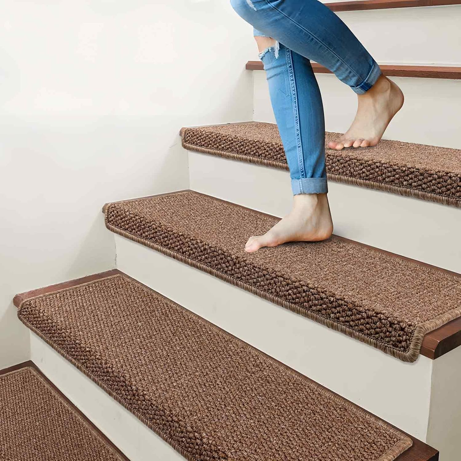 brakki bullnose carpet stair treads, non slip stair treads for wooden steps indoor, stair runner, soft stair rugs for pets, edging stair protectors, washable, 29.5"x9.5"x1.5" 14pcs, camel brown 29.5"lx9.5"wx1.5"h 14pcs camel brown 14