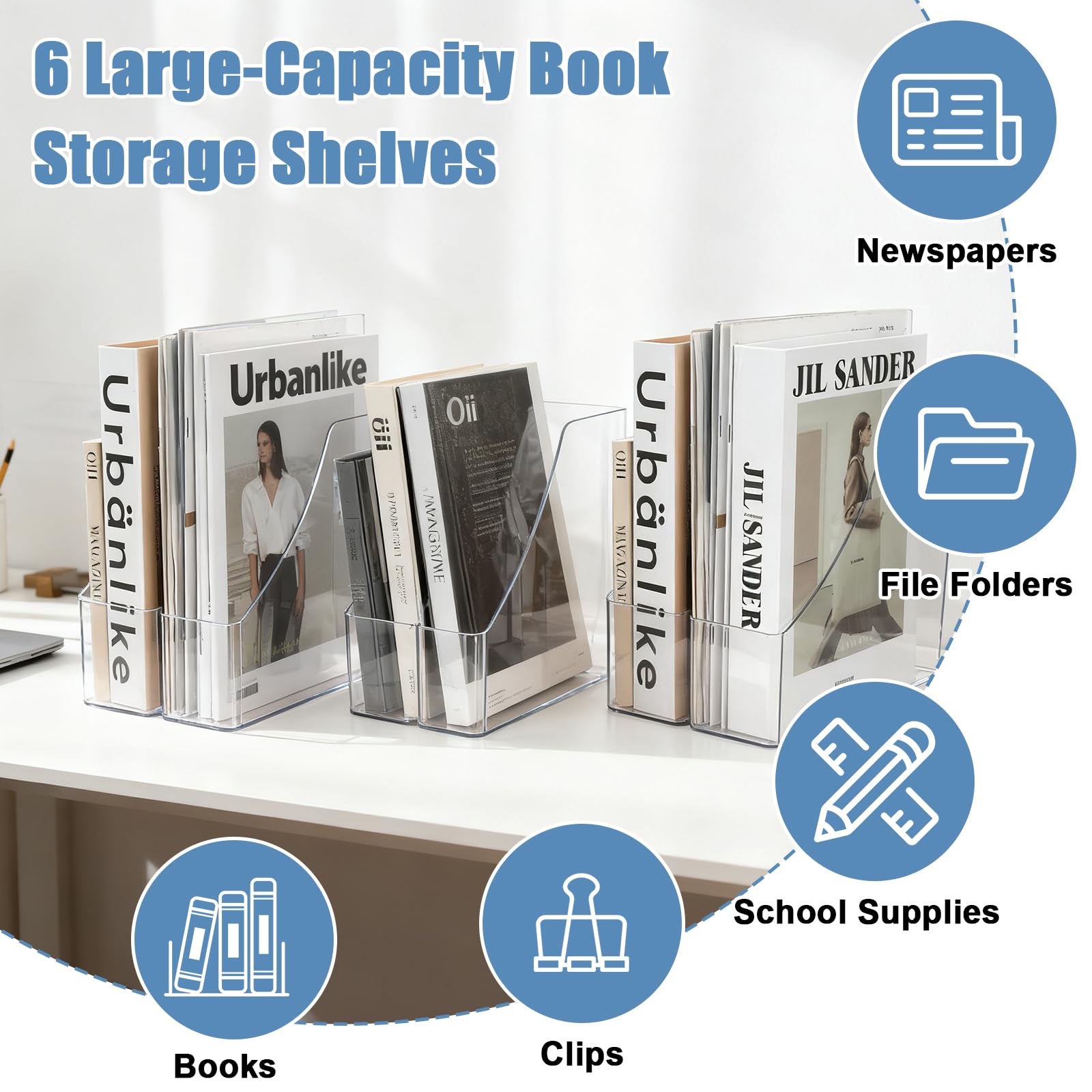 Paquete de 6 soportes para revistas acrílicos, archivadores verticales para libros, revistas, archivadores de escritorio para libros, documentos, carpetas, sobres, oficina en casa