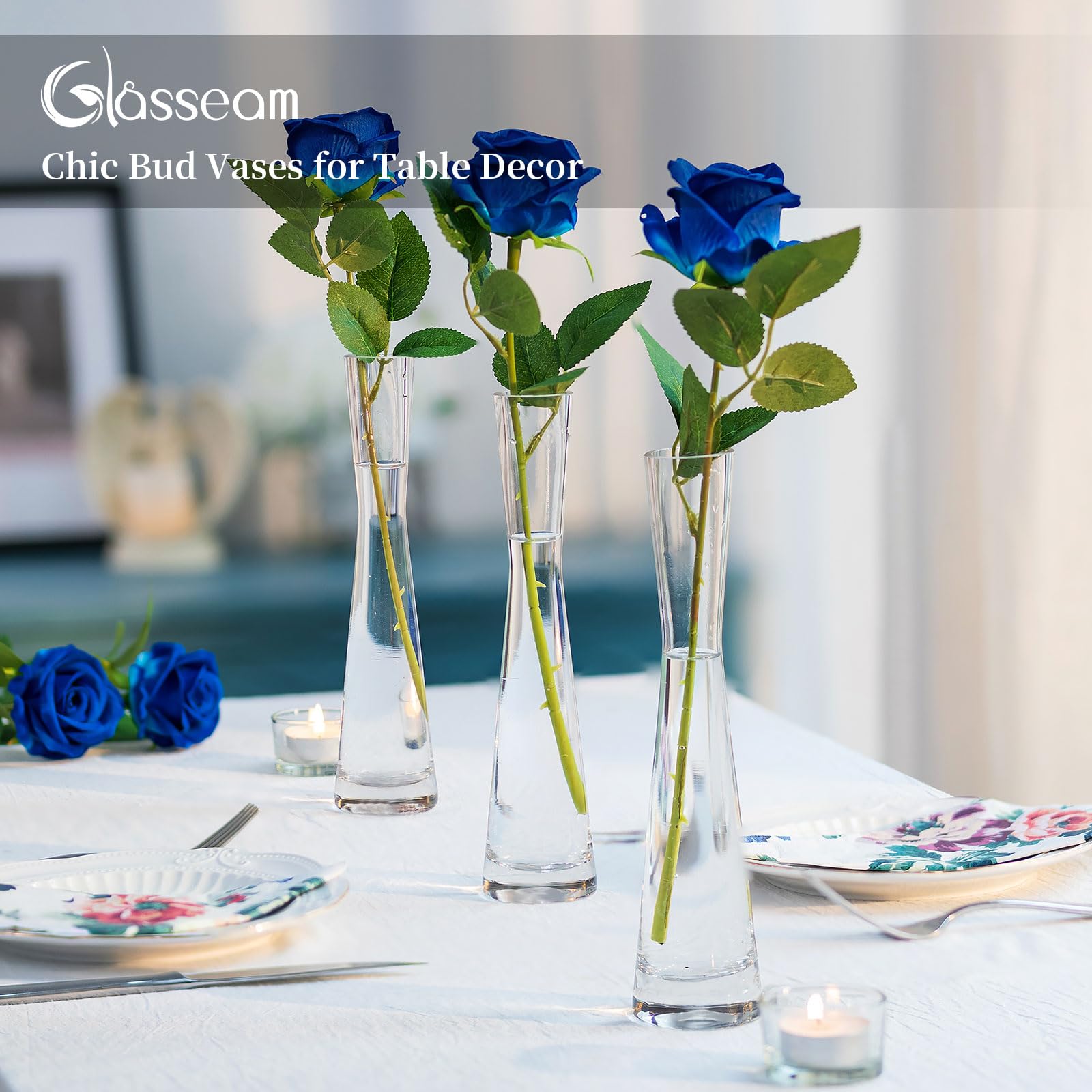 Glasseam Wąski Wazon na Kwiaty - 6 Sztuk, Wysokość 24,5 cm, Szklane, Ręcznie Wykonane do Salonu, Jadalni, Dekoracja Stołu, Tulipanowy