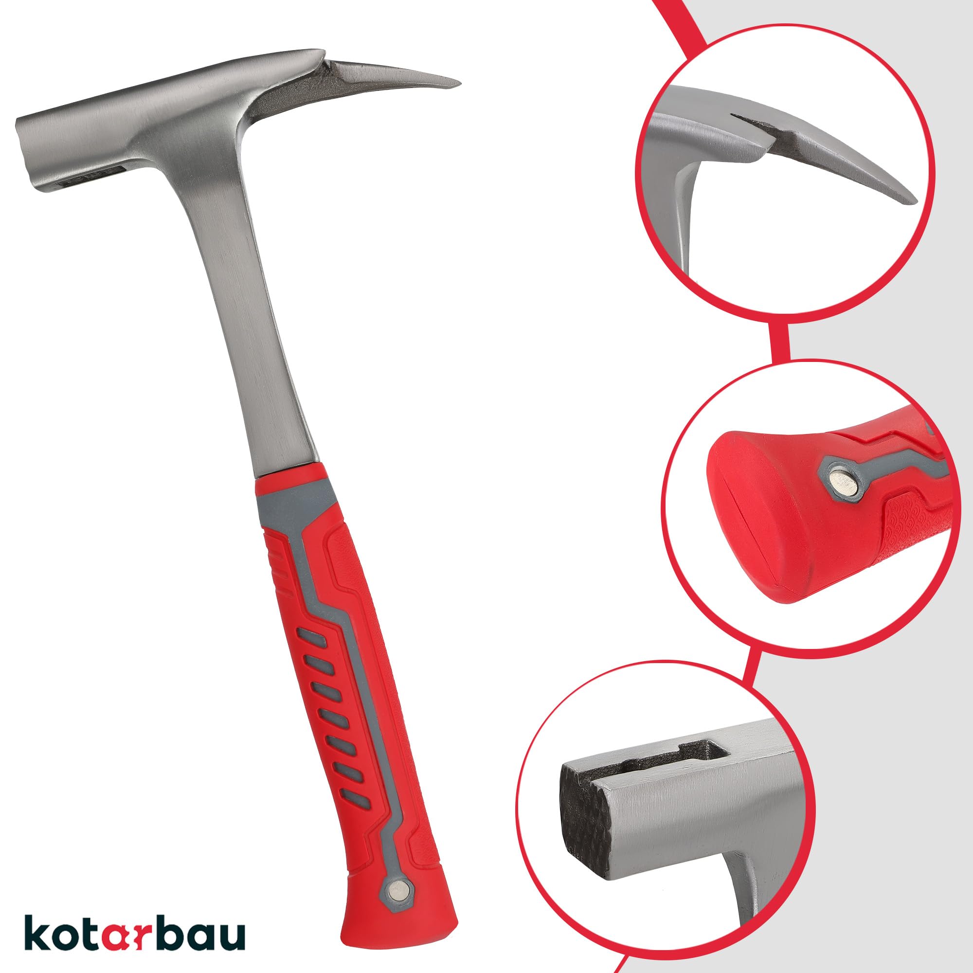 KOTARBAU® Martillo de techado/Martillo de listones 1000g con soporte magnético para clavos, acero forjado, resistente para quitar clavos, amortiguación de vibraciones ergonómica, mango de goma
