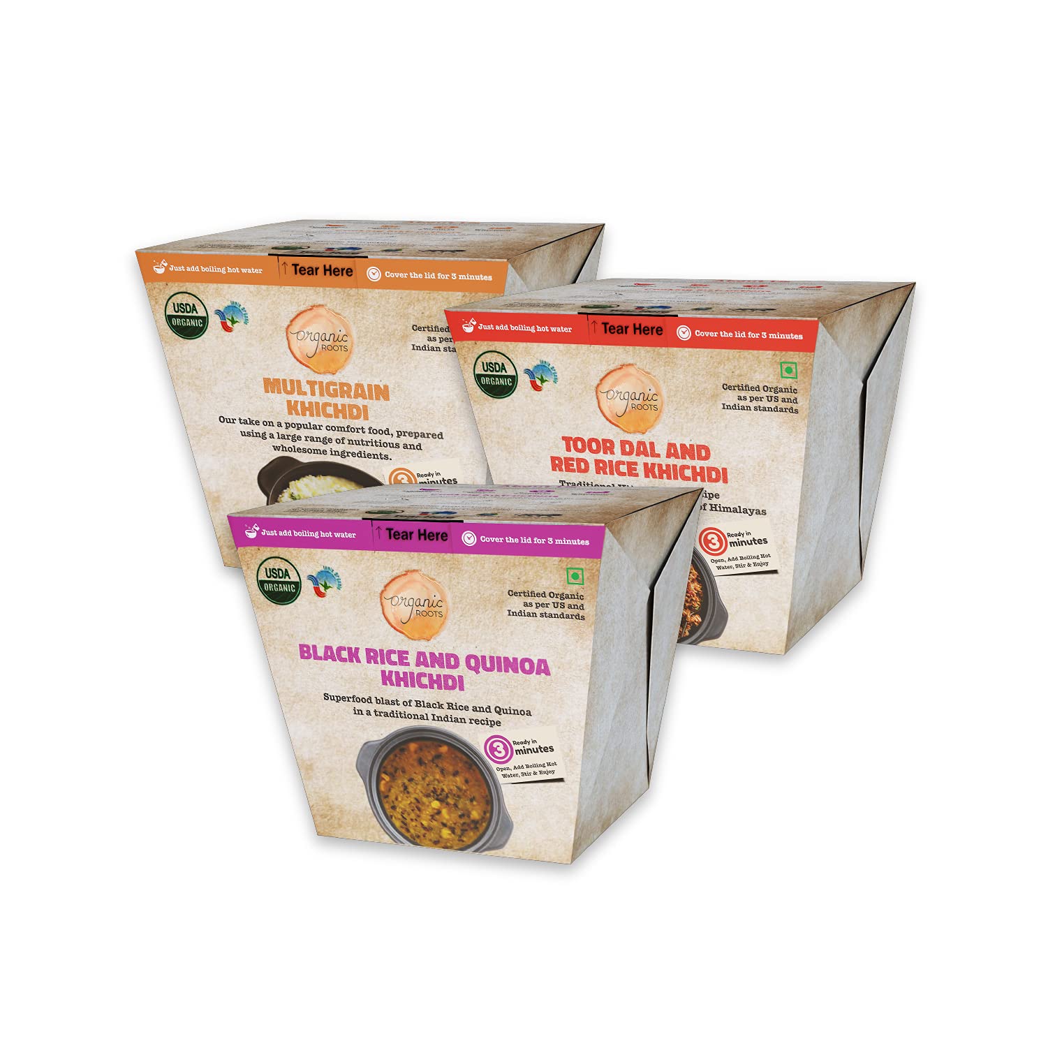 Organic Roots Indic Roots(Formerly)Super Grains Khichdi Combo Instant Khichdi-Pack Of 3,Healthy Snacks,Ready To Eat&Cook Meal,No Preservatives,Full Meal