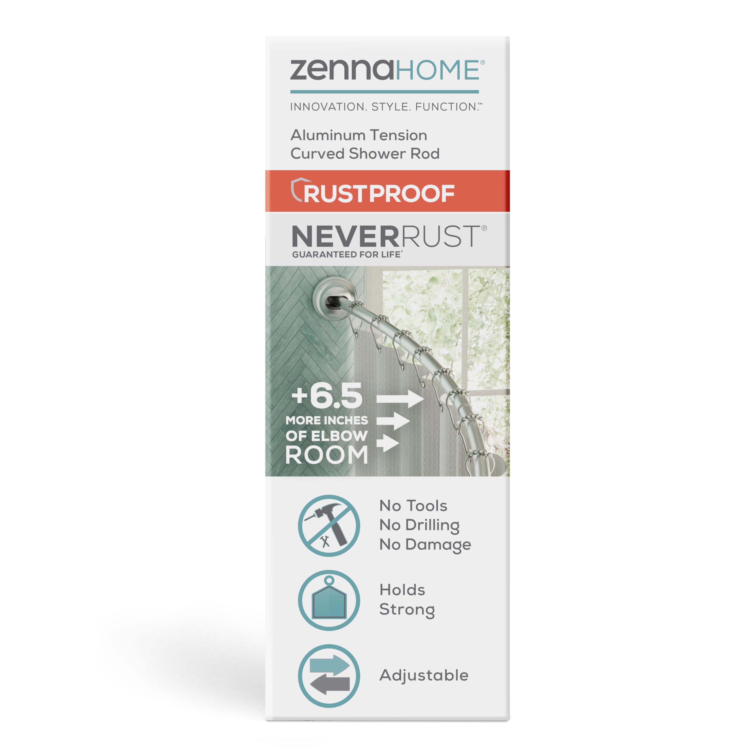 Zenna Home Rustproof Curved Shower Curtain Rod, No Drill Adjustable Curved Tension Shower Curtain Rod for Bathroom, Easy Install, Rounded for Extra Room and Comfort, 50 to 72 Inches, Satin Nickel