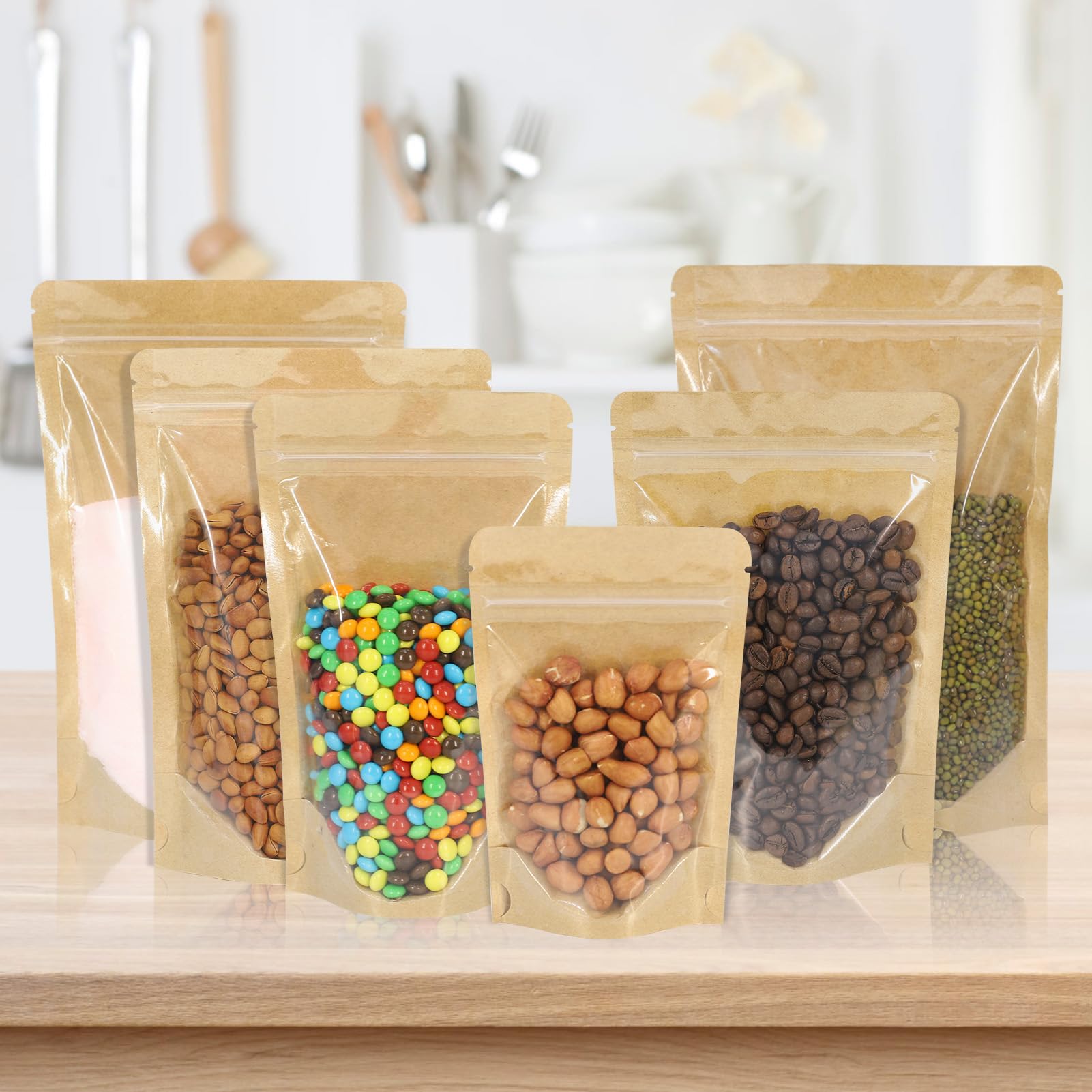 Lot de 100 sacs en papier kraft avec fenêtre - Transparents et refermables - Pour stockage des aliments (kraft, 20 x 29 cm)