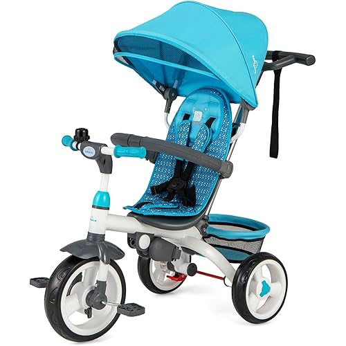 Costzon Tricycle for Toddlers, 6 in 1 Trike w/Parent Handle, Adjustable Canopy, Storage, Safety Harness & Wheel Brakes, Baby Push Tricycle Stroller for Kids Boys Girls Aged 9 Month-5 Years Old, Blue