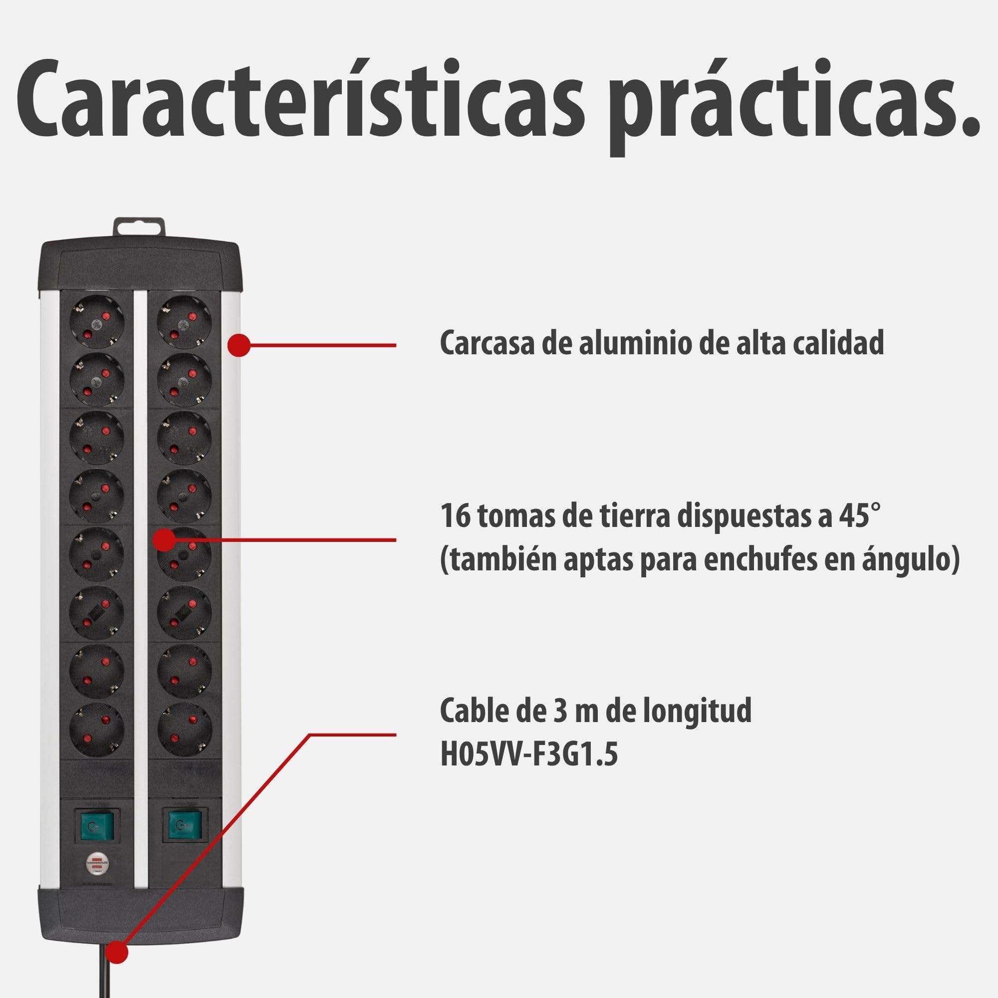 Brennenstuhl Premium-ALU-Line regleta enchufes con 16 Tomas y Interruptor Individual (Cable de 3m, 2X Interruptor Iluminado, Fabricado en Alemania)