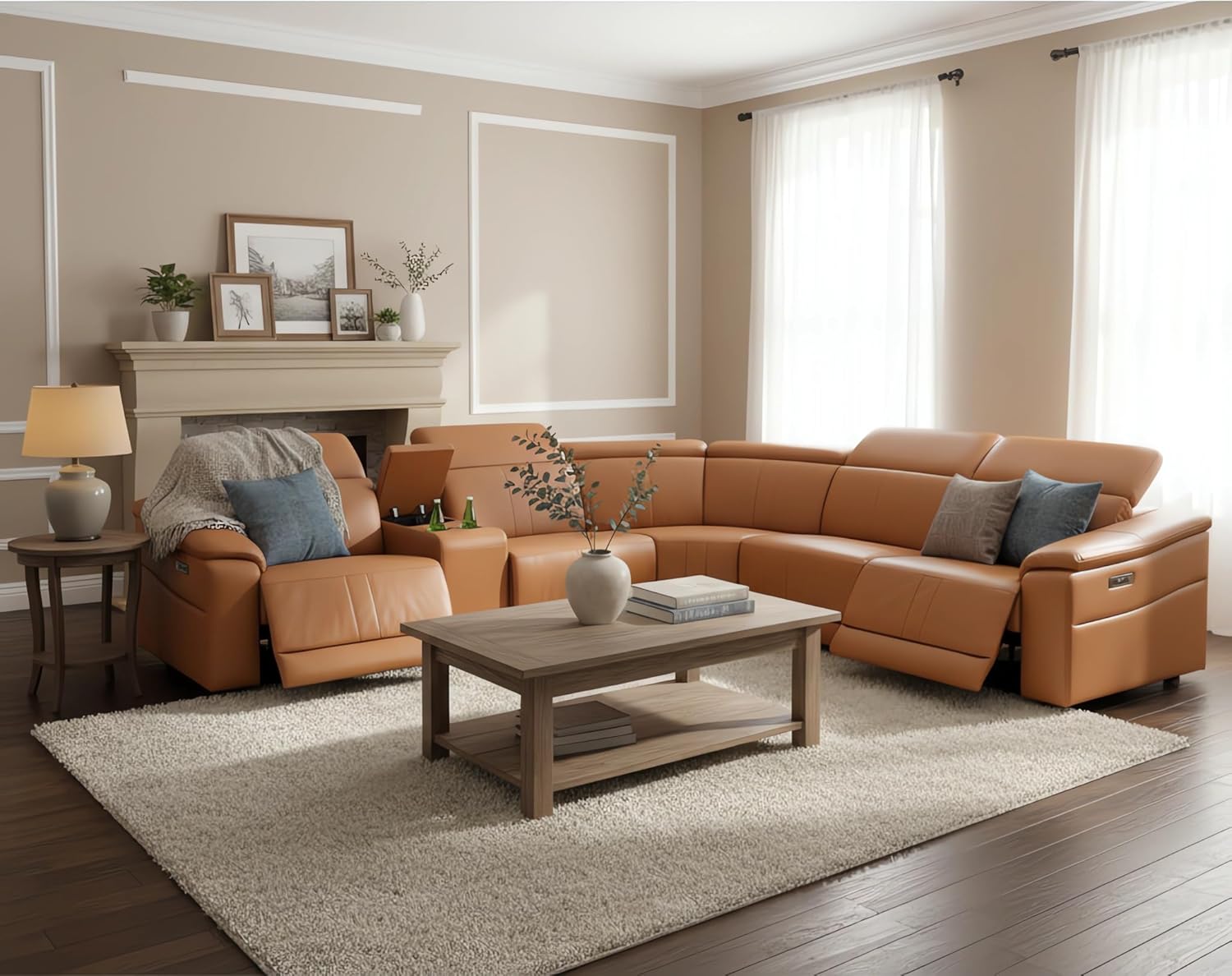 Power Recliner Sectional Couch, Breathing Leather Living Room Furniture Set, Reclining Corner Sectional Sofa with Storage Console/Cup Holders for Home/Office (Caramel, 5 Seater Couch)