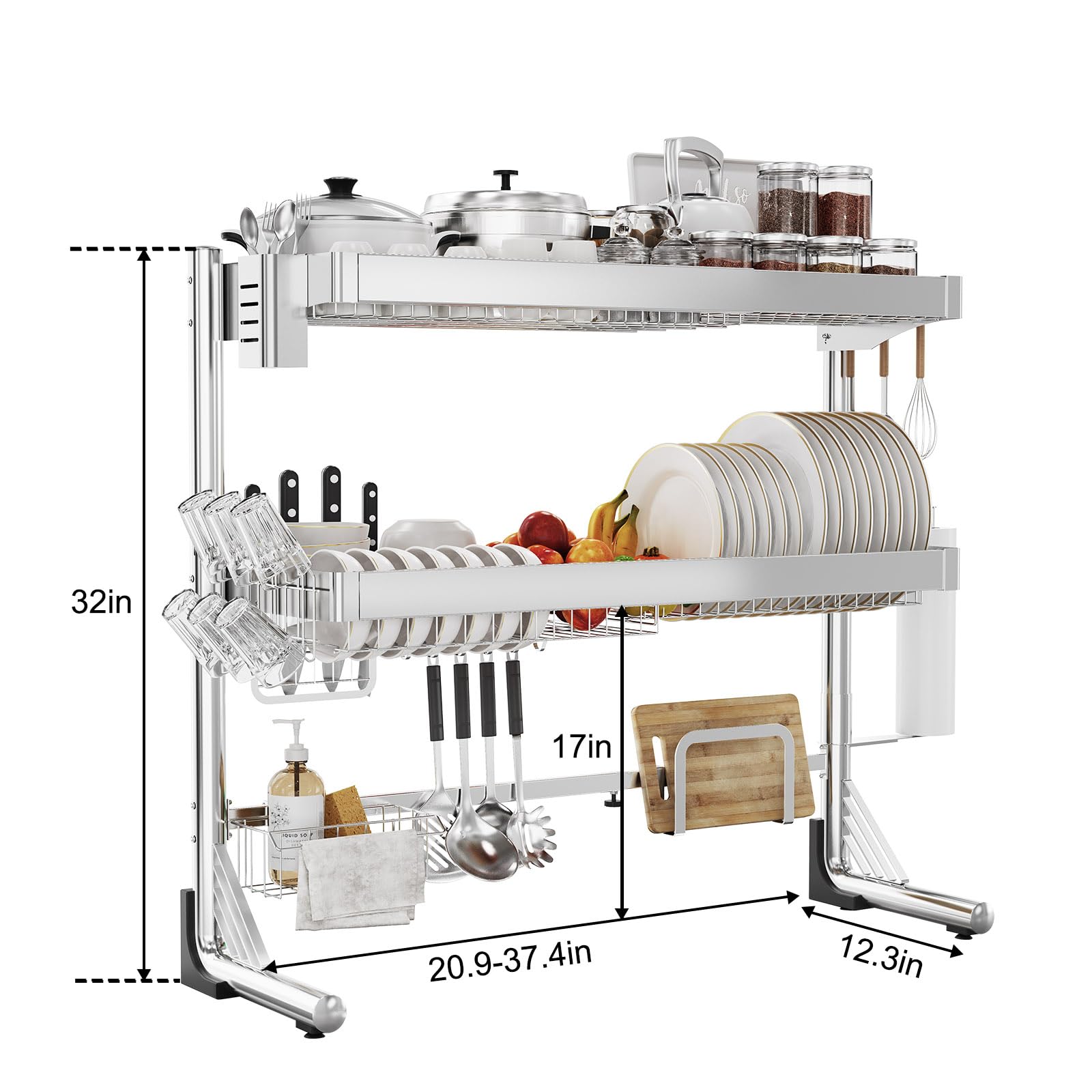Escurridor de platos sobre el fregadero de 3 niveles, longitud ajustable de 20.8 a 33.4 pulgadas, estante de secado de platos completo de acero inoxidable, estante de fregadero de cocina