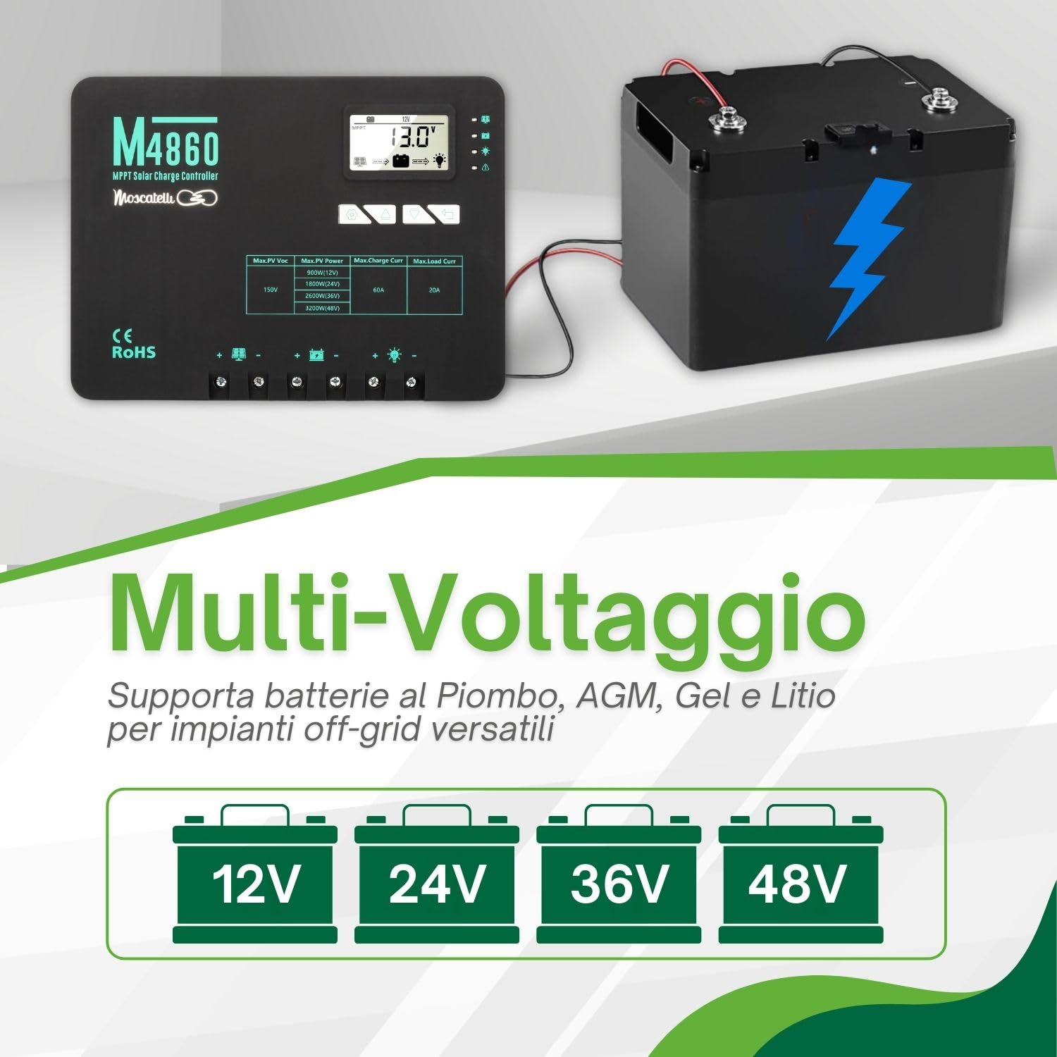 MOSCATELLI 60A Regolatore di Carica Pannello Solare MPPT – Compatibile con Batterie 12/24/36/48V Piombo, AGM, Gel e Litio – Ideale per Impianti Off Grid e Reti Isolate