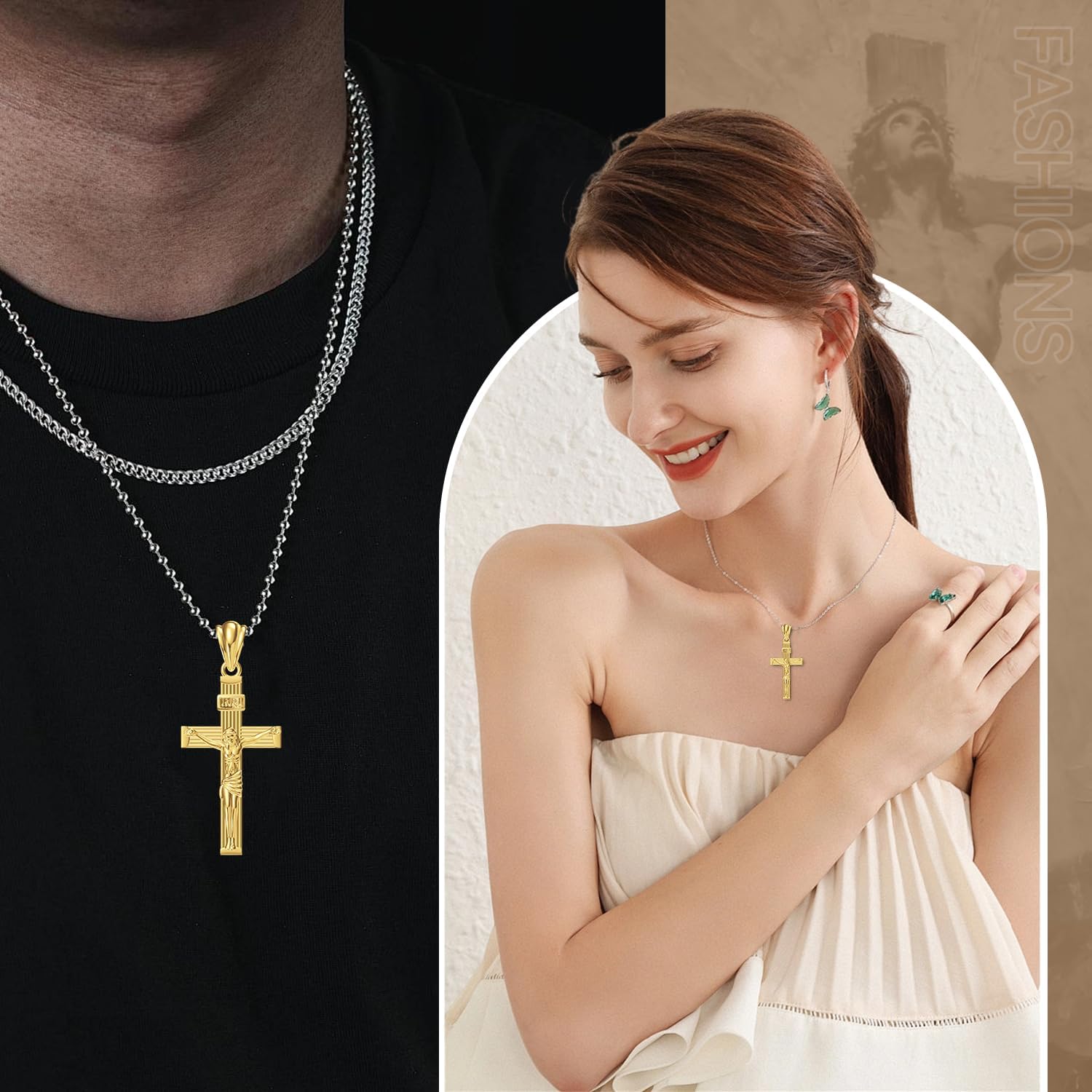 14K Gold Cross Necklaces Pendant for Men & Women, Solid Crucifix Cross Jewelry Charms for Husband, Wife Thin, Gender-Inclusive Cross Necklace Charm (A) - Image 4