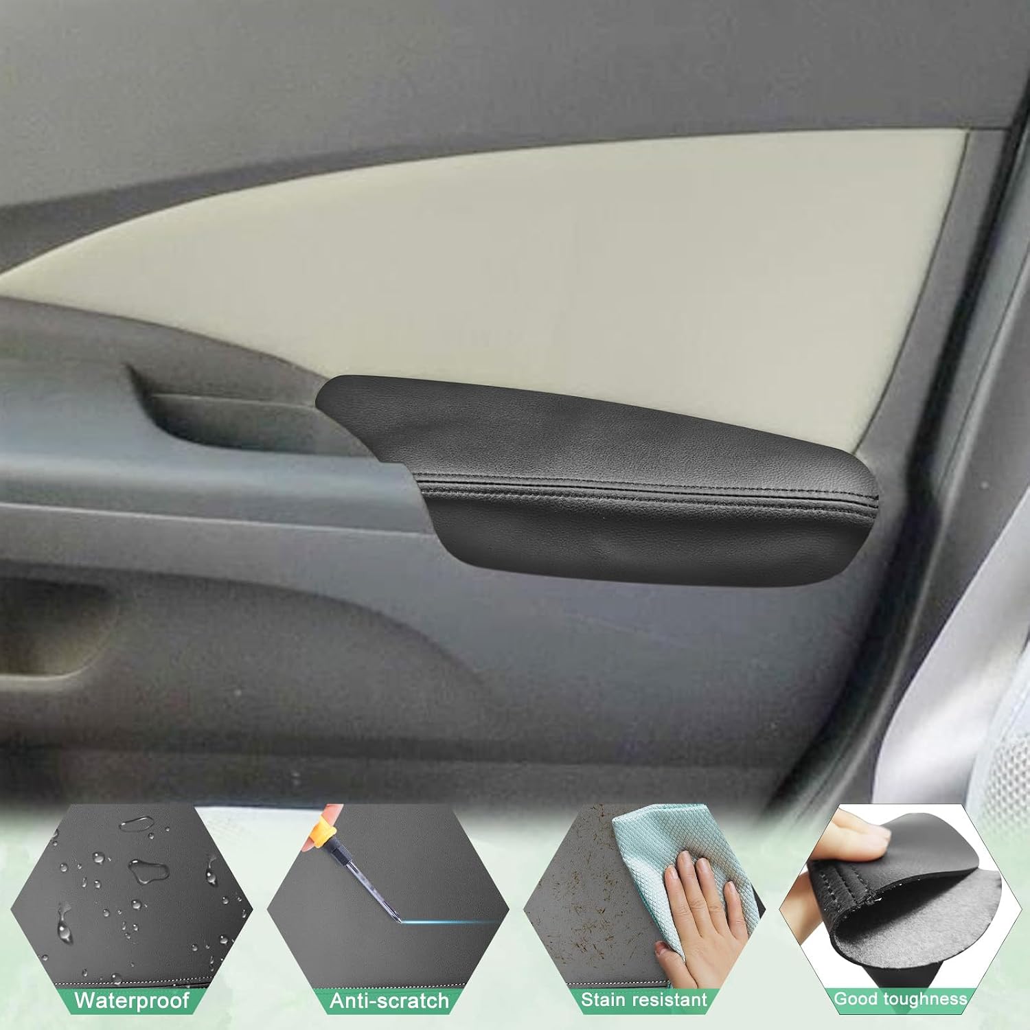 2PCS Front Door Panel Armrest Cover Replacement Compatible with Honda CRV 2012-2016 Left and Right Leather Arm Rest Replaced Skin Upholstery Black (Only Leather Part)