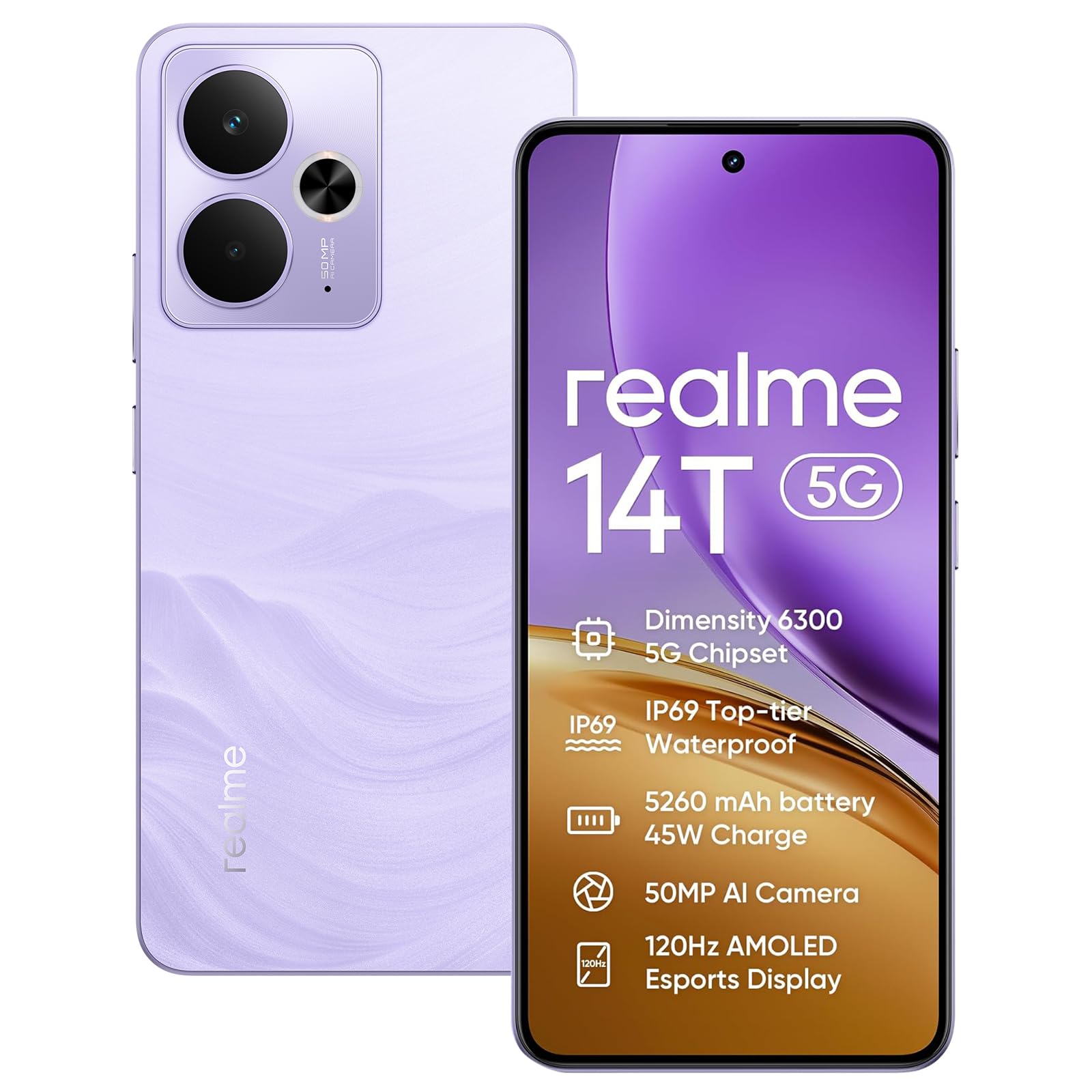 realme 14T 5G Smartphone 8+256GB,hipset Dimensity 6300 5G,Fotocamera 50MP Ai,display Super AMOLED 6,67'' 120Hz,Batteria massiccia 5260mAh,doppia sim,NFC,Viola