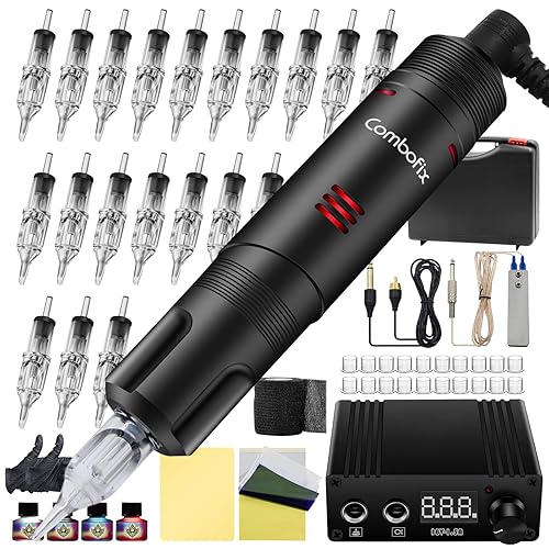 Combofix Cable RCA para bolígrafo de máquina con fuente de alimentación, pedal de práctica, tapas de tinta de piel, kit de cinta de agarre para