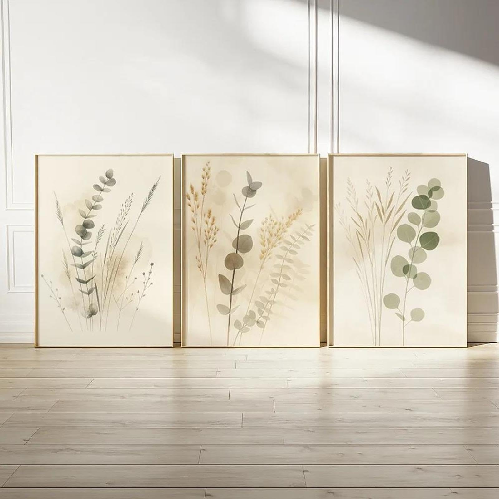 Baibexing Zielony i beżowy minimalistyczny plakat przedstawiający roślinę, wydrukowany na płótnie, idealny do dekoracji salonu i domu. 60 x 80 cm x 3 szt. bez ramki