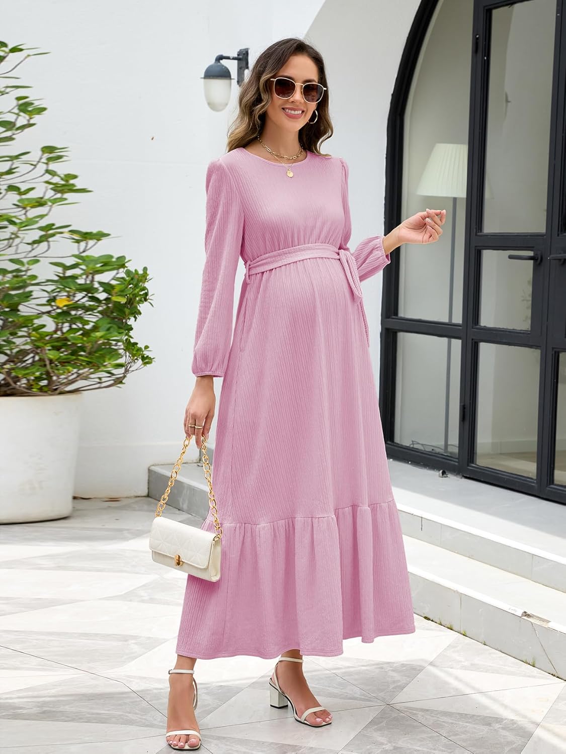 Women's Maternity Maxi Dress with Belt Long Sleeve Crew Neck Pregnancy Dresses with Pockets Baby Shower Photoshoot - Image 5