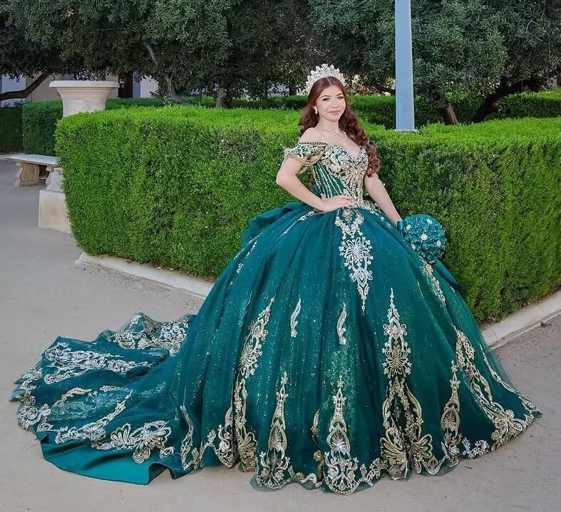 Mouccy Gold Appliques Tassel Quinceanera Dresses Off Shoulder Beaded 15 Dresses Luxury Tulle Sweet 16 Dress with Big Bow - Image 3