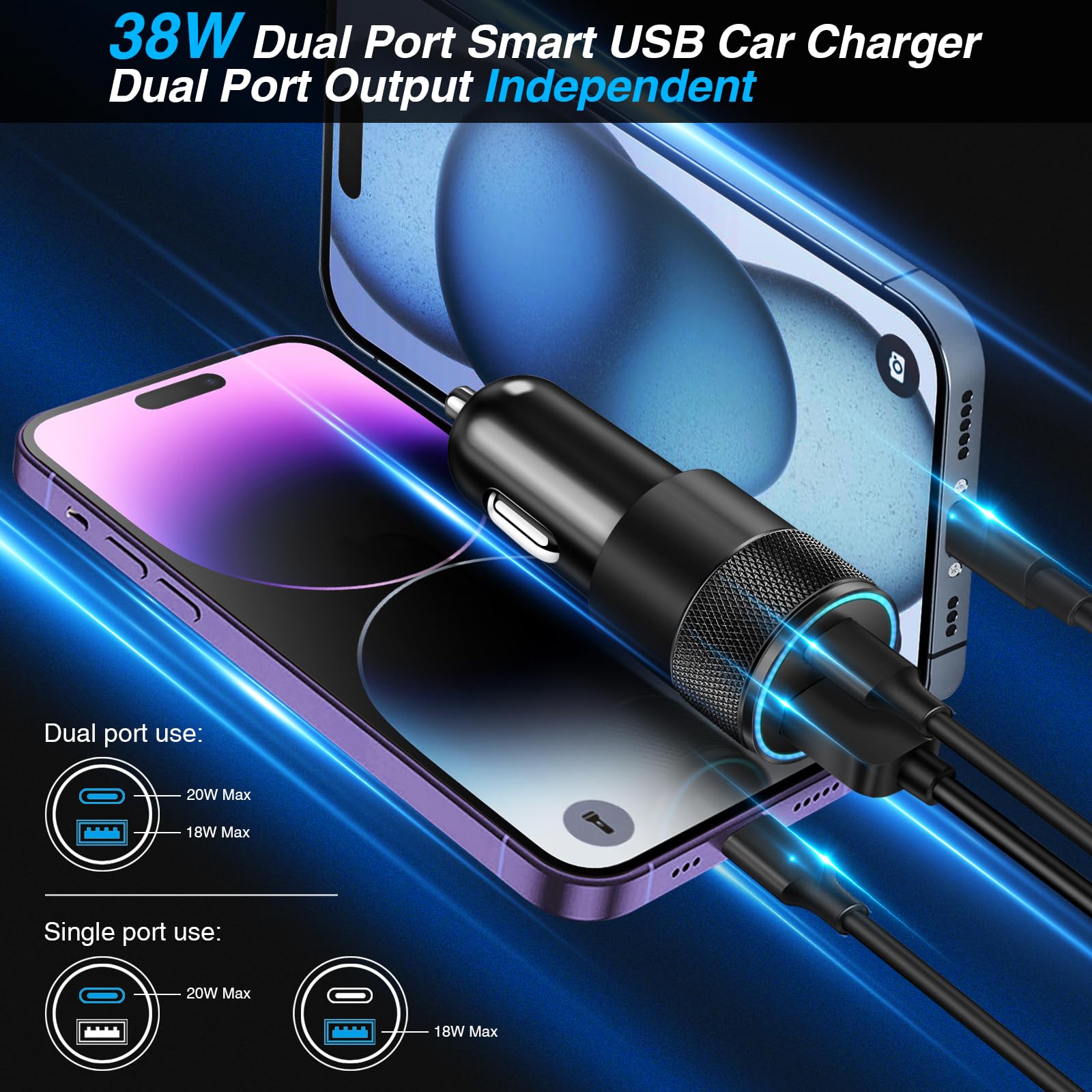 Caricabatteria da auto USB C, confezione da 5 pezzi, 38 W, doppia porta USB-C e USB-A, adattatore per accendisigari, ricarica rapida, per iPhone 16e, 16, 15, 14, 13, Samsung S24, Pixel Cargador para