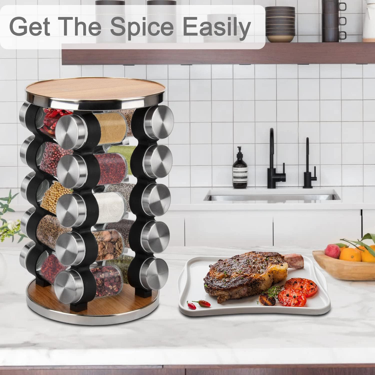 Rotating Spice Rack Organizer - Seasoning Organizer for Cabinet, Kitchen Countertop Revolving Spice Racks with Reusable Labels,Silicone Funnel and Mark Pen (20 Jars)