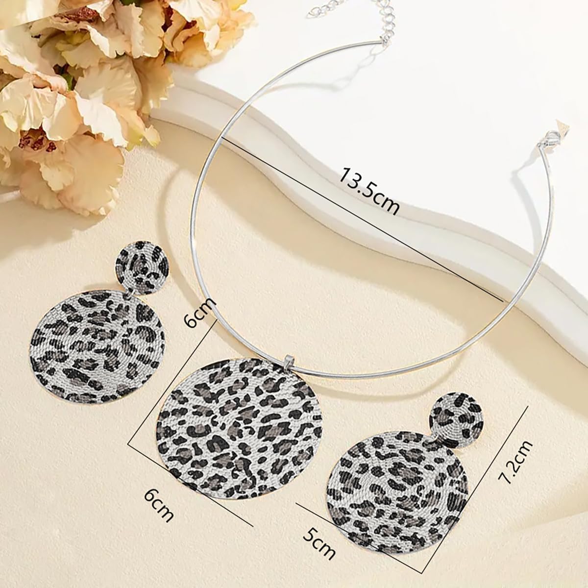 Disc Earrings Necklace Set for Women Gold Leopard Large Disc Choker Necklace Round Dangle Drop Earrings Jewelry Set - Image 6