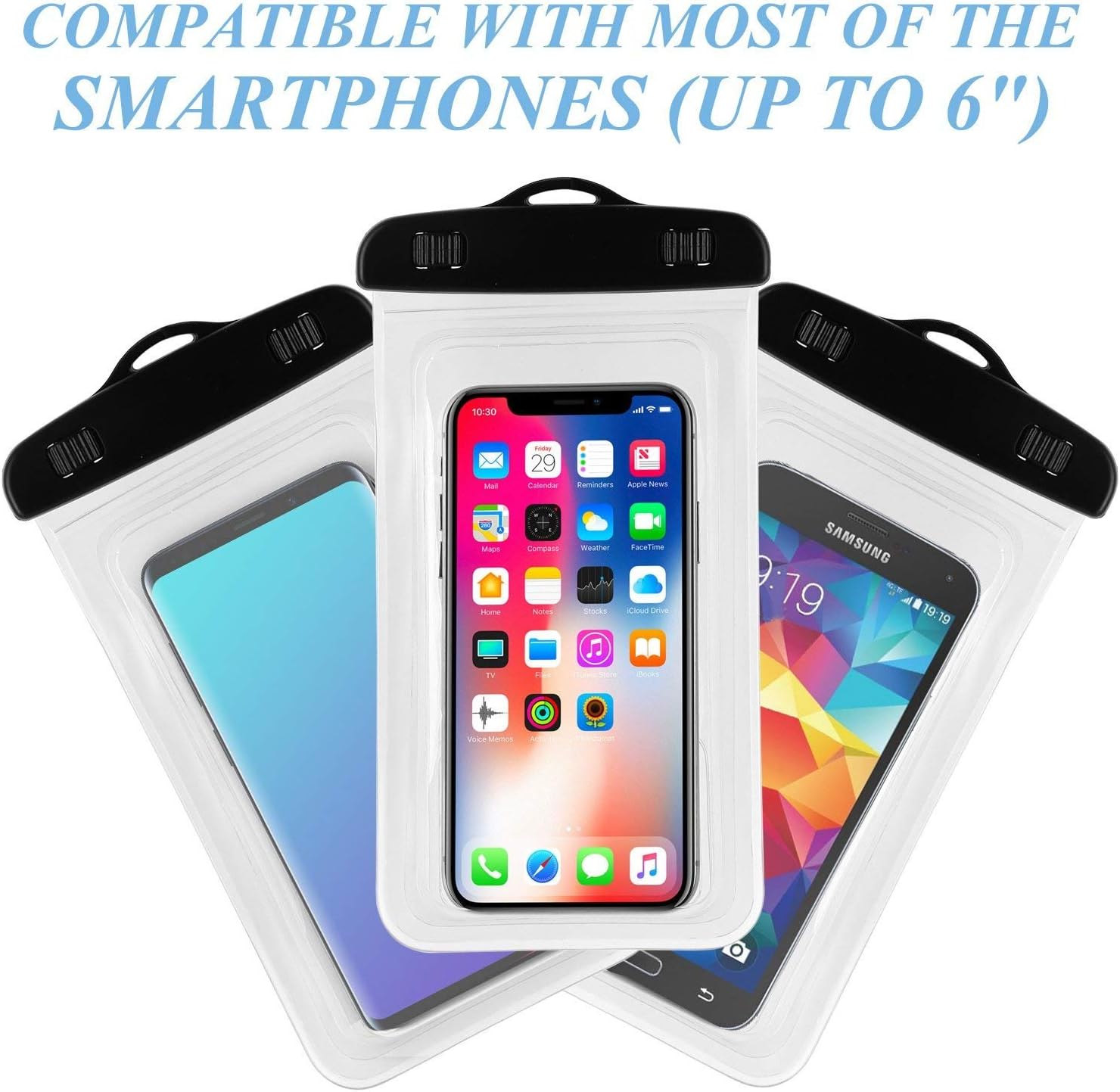 WAAO Universal Waterproof Case, IPX8 Waterproof Phone Pouch Dry Bag with ARM Band, Lanyard Compatible for iPhone Xs Max X 8 7 6S 6 Plus Galaxy s9/s8 Google Pixel Huawei Oneplus (Clear)