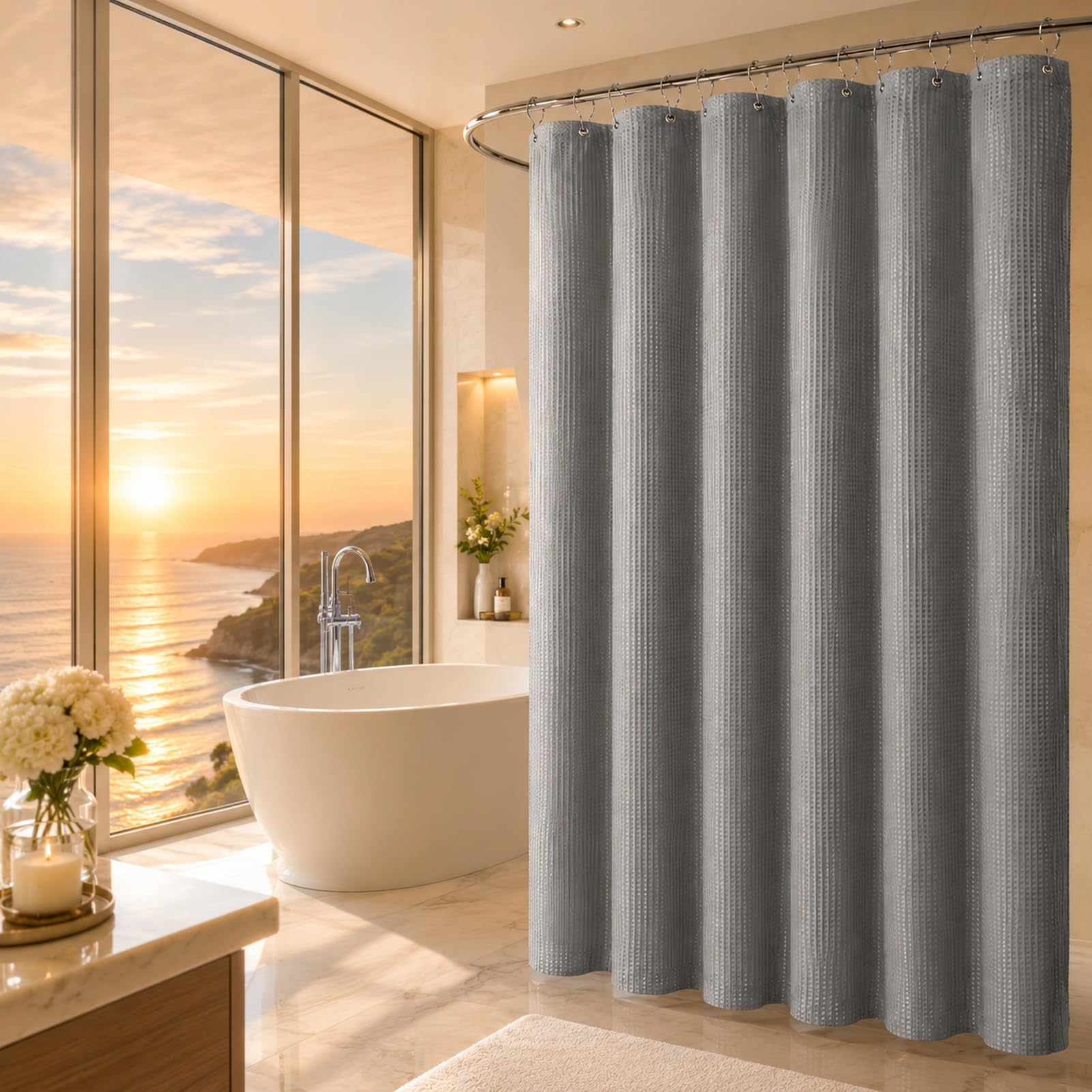 LaCyan 3-in-1-Duschvorhang-Set mit Waffelmuster, wasserdicht, mit 12 Edelstahl-Haken, doppelseitig, für Badezimmer, 183 cm, strapazierfähiges Polyestergewebe, 183 x 183 cm, Grau